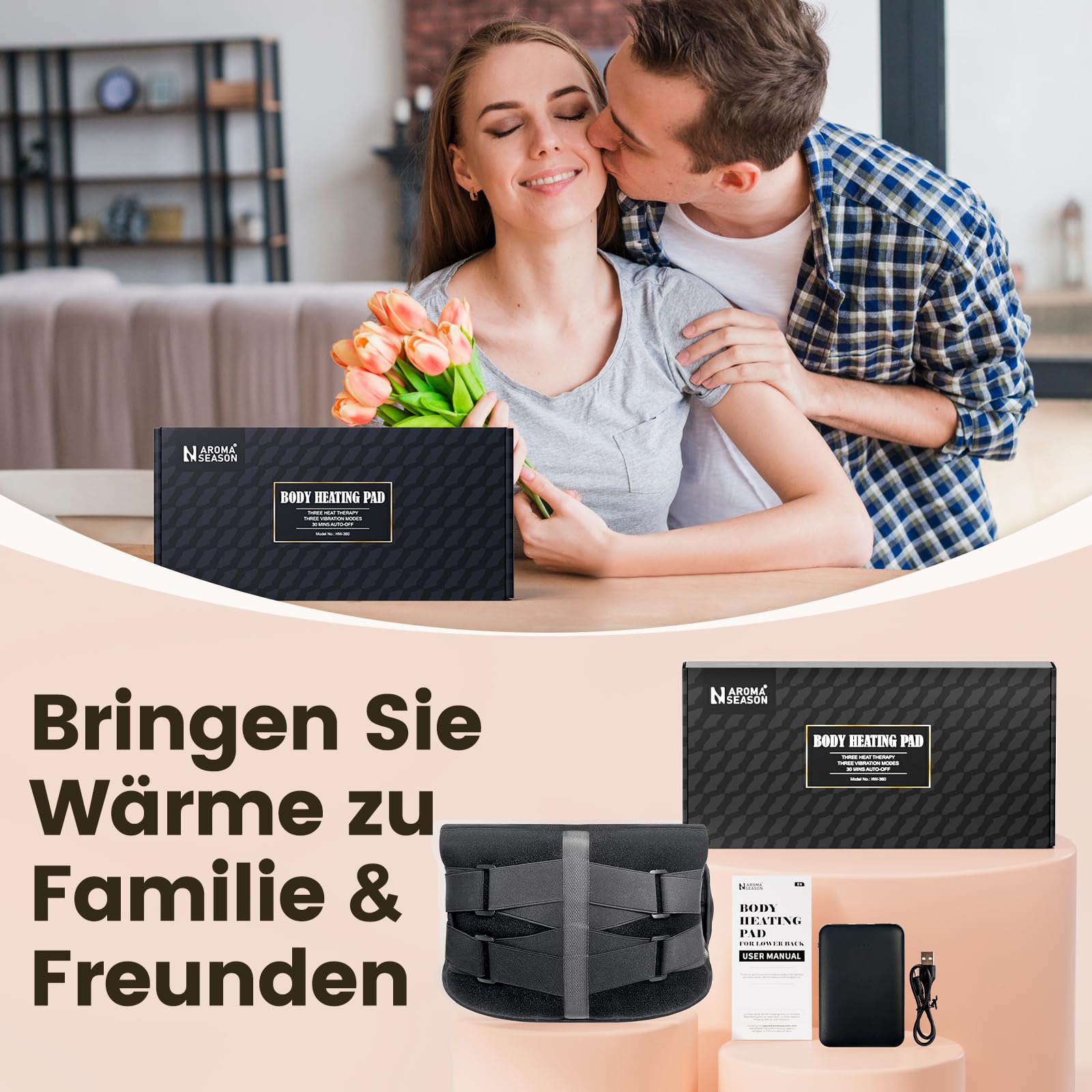 AROMA SEASON Wärmegürtel Vibrationsmassage mit Akku | Heizkissen für Rücken mit Massagegerät und Abschaltautomatik | Kabellos Rückenwärmer
