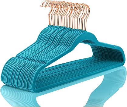 MIZGI Premium Velvet Hangers 50 Pack Heavy Duty - Non Slip Felt Suit Hangers Teal/Turquoise - Rose Gold Hooks, Space Saving Clothes Hangers