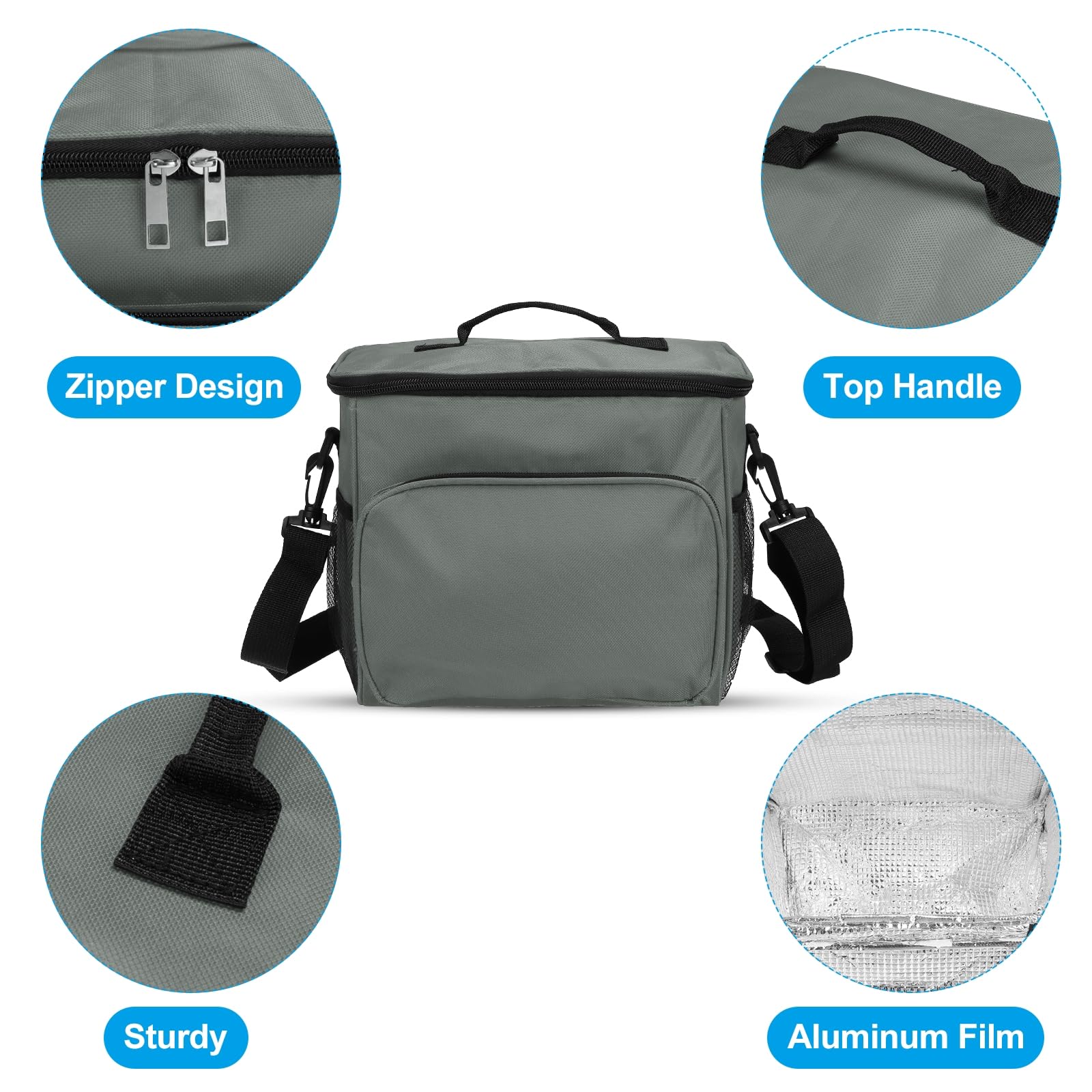 Boîte à déjeuner pour femmes/hommes, sac à déjeuner isotherme, sac fourre-tout thermique, récipient à déjeuner réutilisable 9,4 x 6,7 x 10,2 pouces pour le travail, pique-nique en plein air, gris