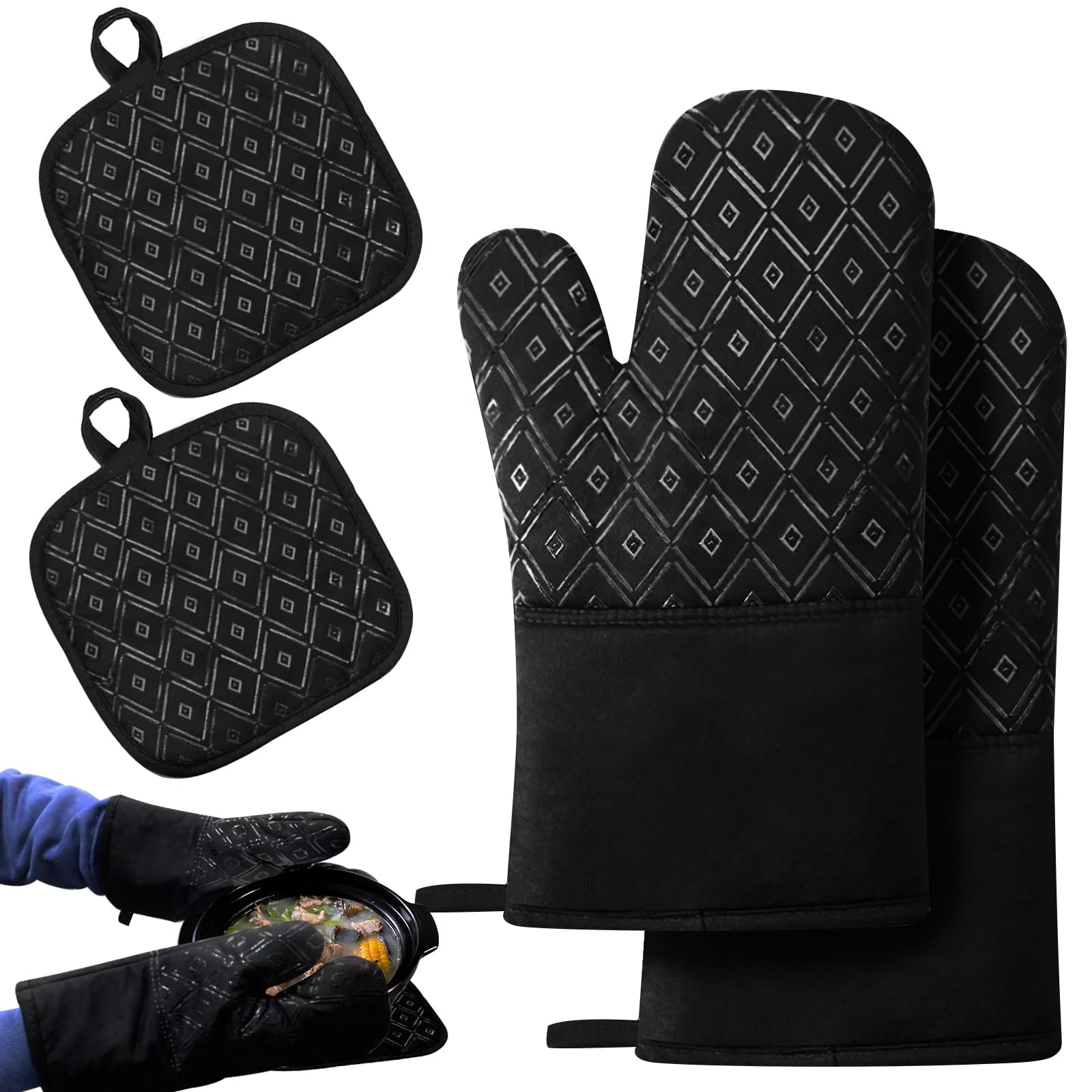 Dellyy Lot De 4 Gants Four + Tapis Anti-Chaleur En Silicone – Motif Diamant Antidérapant, Résistants Jusqu'à 250°C, Cuisine & BBQ