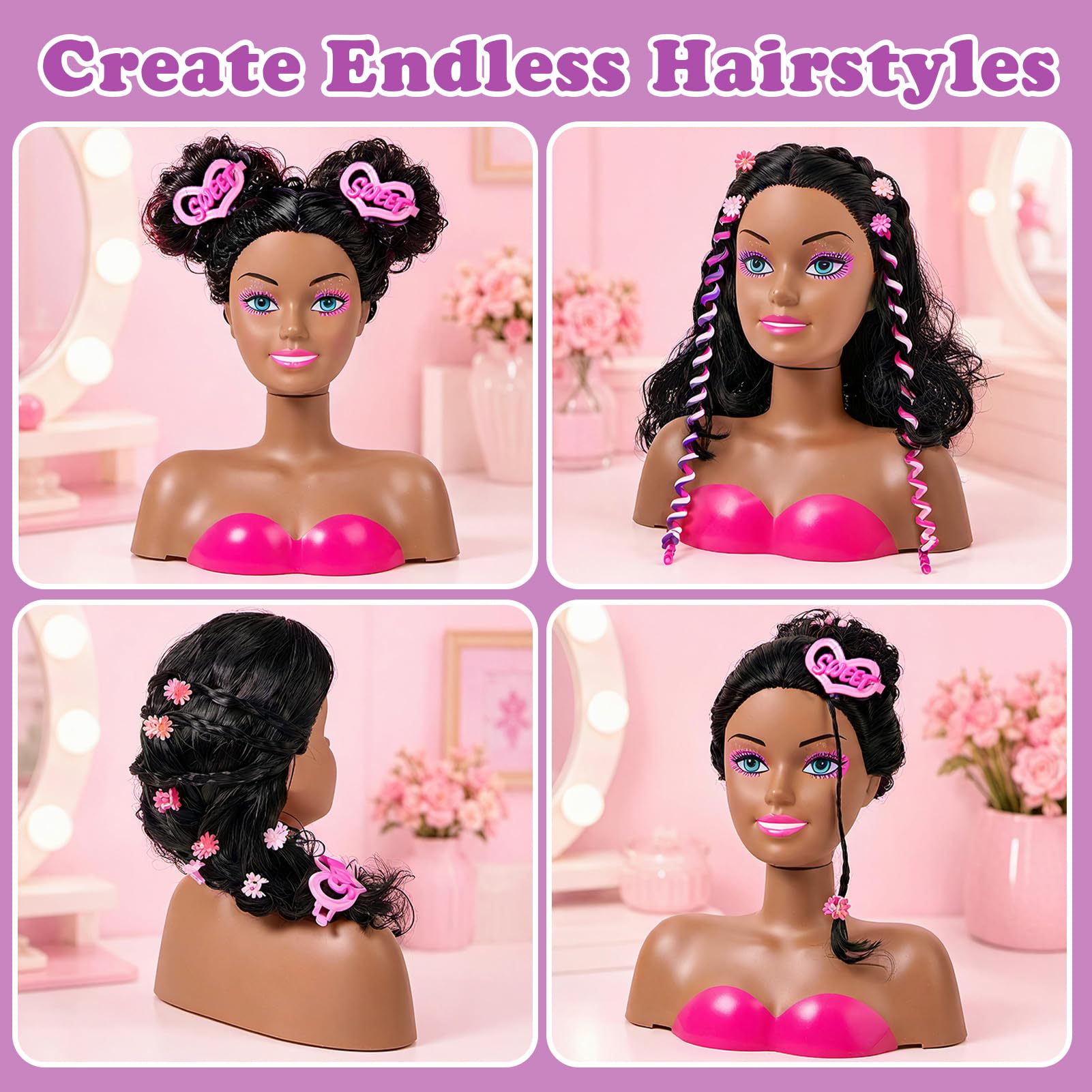 Tacobear Tête à Coiffer Enfant avec Sèche-Cheveux Lisseur Maquillage Vernis à Ongles Accessoires de Coiffure Set Jouet Fille 3-6 Ans
