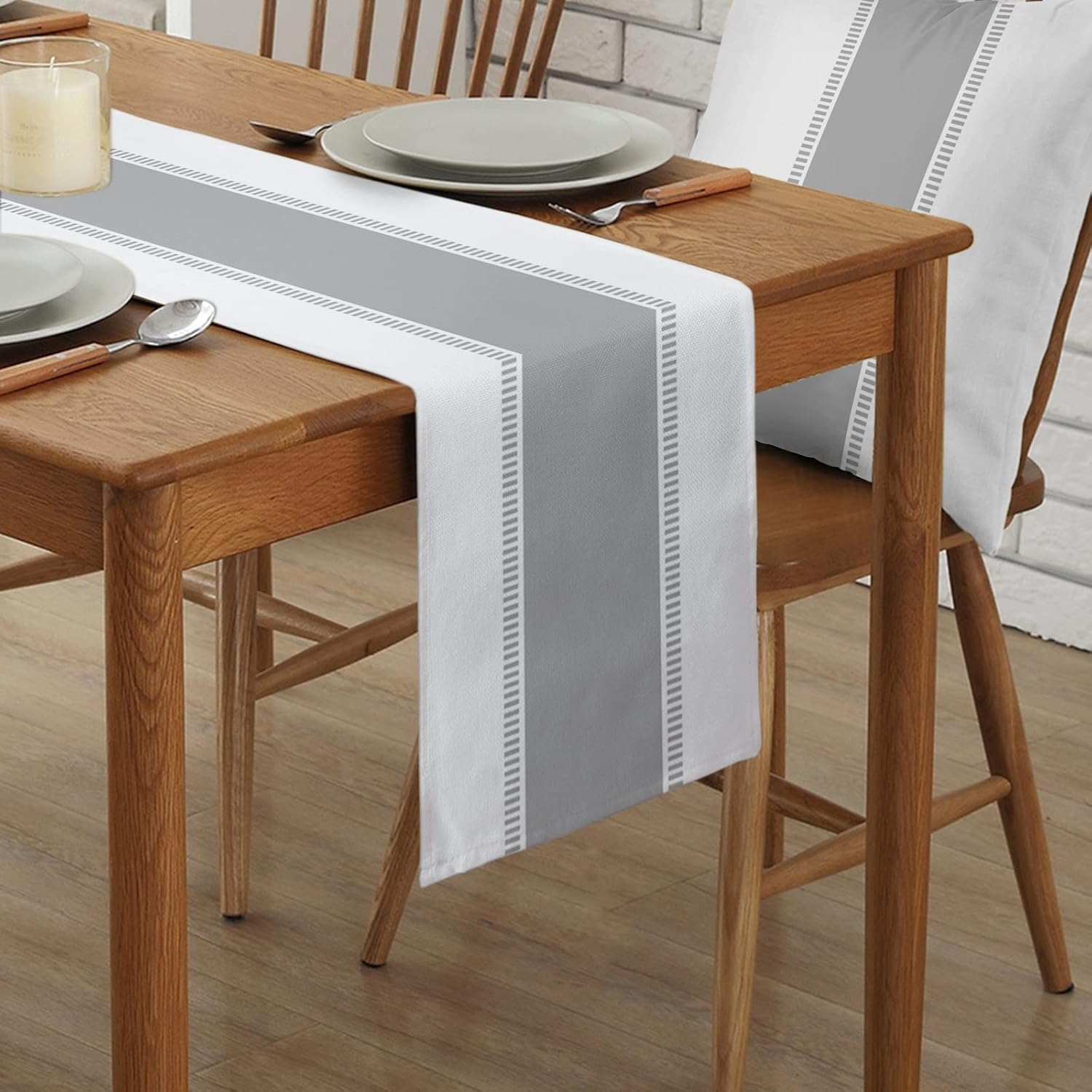 T&H XHome Linen Table Runner 120 Inches Long Grey White Stripes Minimalist Simple Pattern Table Runnes for Party Dining Room Dresser Farmhouse Wedding Banquet Home Decorations 13x120Inches