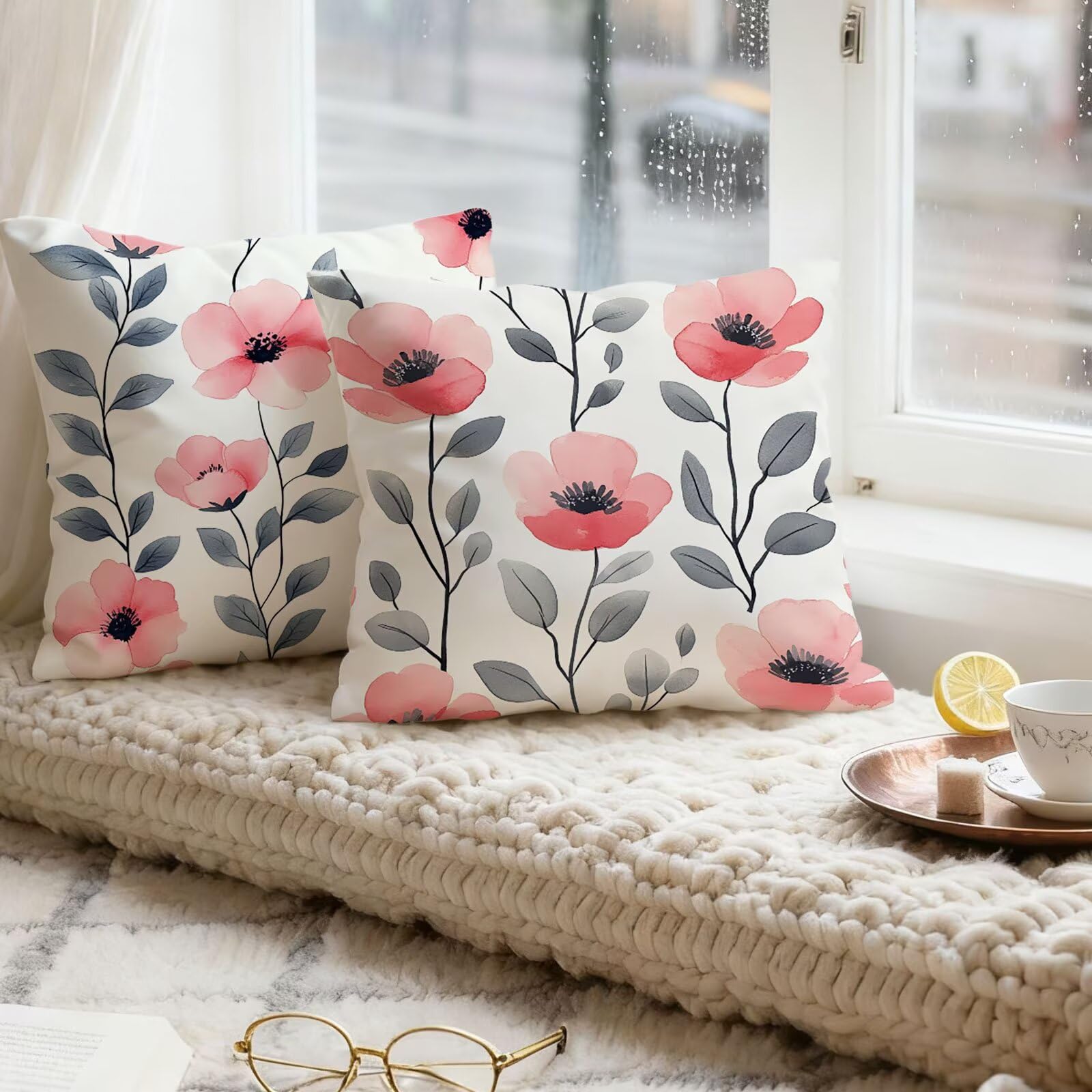 Rose Housse Coussin 60x60 Fleur Taie Oreiller 60x60 Lot de 4 Super Doux Protege Oreiller 60 x 60 Decoration Automne Taie D'oreiller Carrées Coussin Canape, pour Maison Chambre Canapé Chaise E - 147