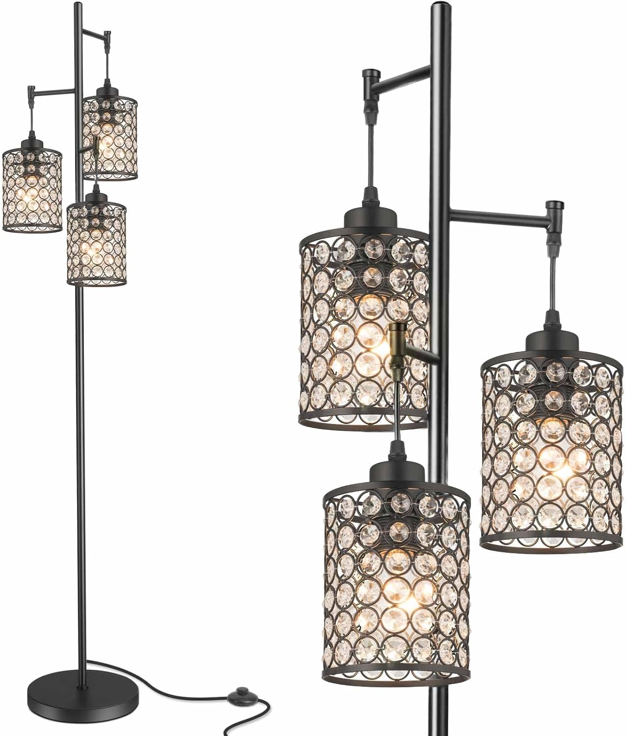 EE Eleven Master YeLEEiNO Floor Lamps,Modern 3-Light Tree Floor Lamp for Living Room Crystal Standing Lamp with On/Off Switch Elegant Black Pole Light for Bedrooms Office Hotel