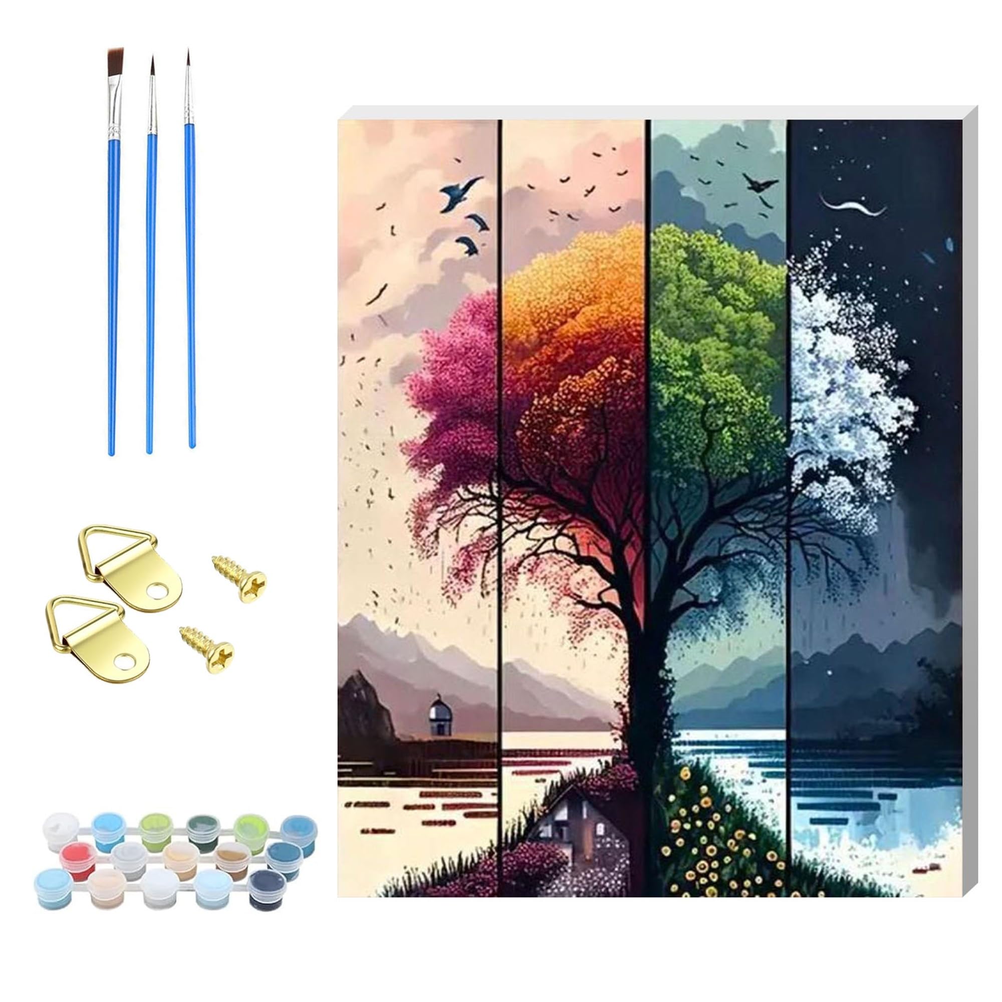 Zhosoho Four Seasons Tree Wooden Framed Paint By Numbers Kits For Adults,Diy Painting Kit On Canvas, Color By Numbers Acrylic,Adult Paint By Number For Wall Decor And Gifts (Four Seasons Tree)