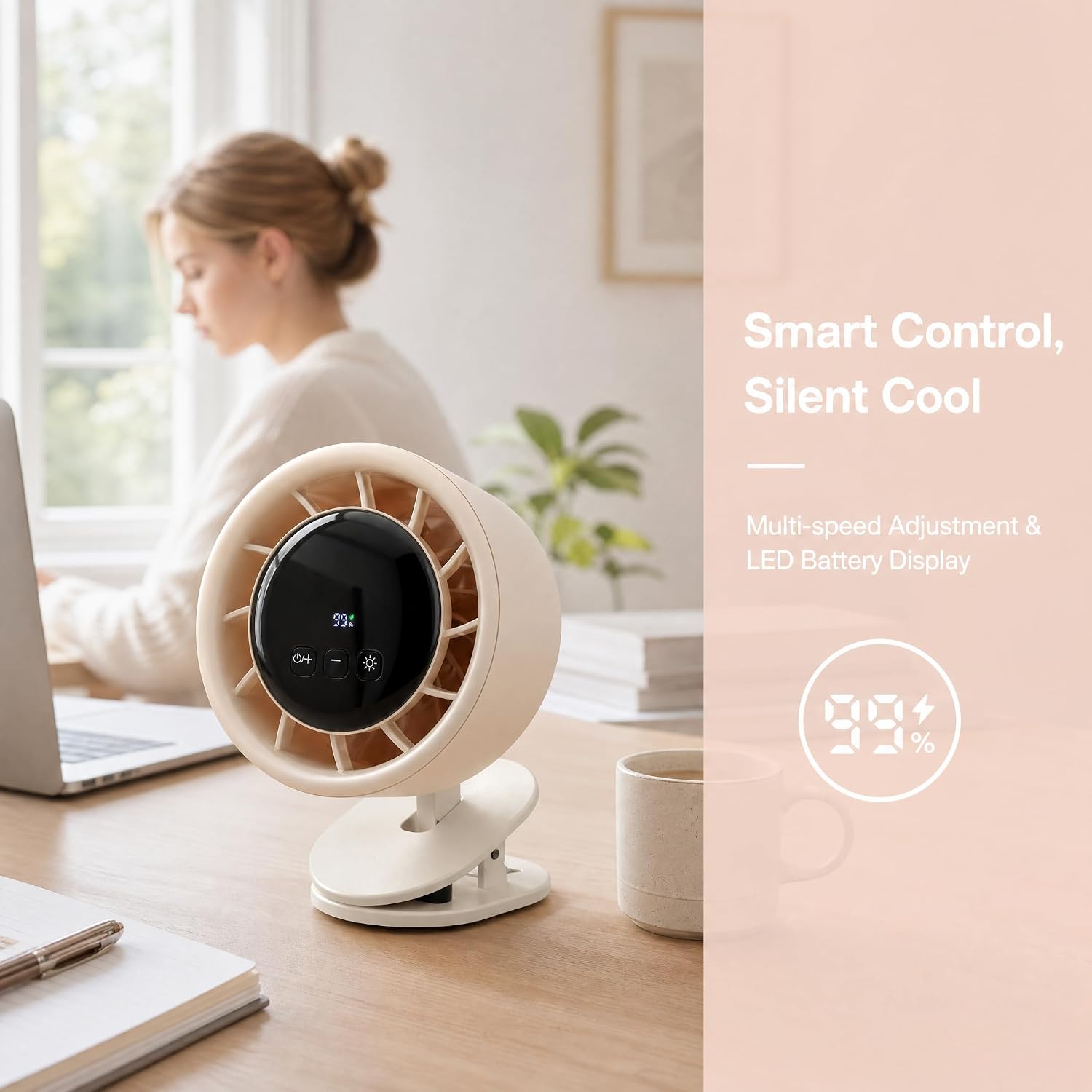 Clip on Fan, Desk Fan，Rechargeable USB Fan with LED Display & Night Light, 100 Speeds, Ultra Quiet Small Fan for for Bedroom Home Office Dorm(White)
