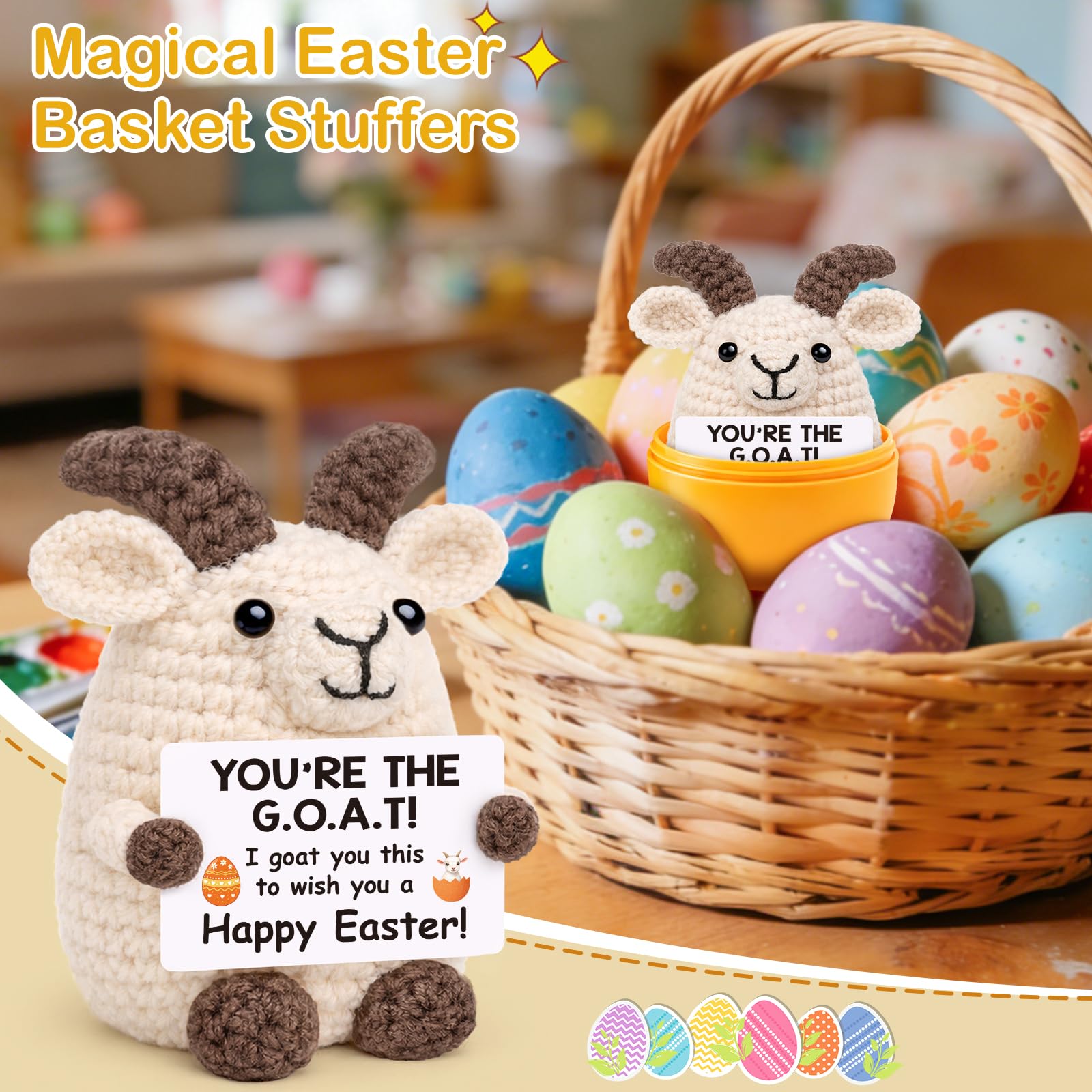 Funny Easter Basket Stuffers for Kids, Easter Gifts for Teens Women Men Her Him Easter Decor Egg Fillers Gifts for Daughter Son, Cute Stuff Positive Crochet Goat Support