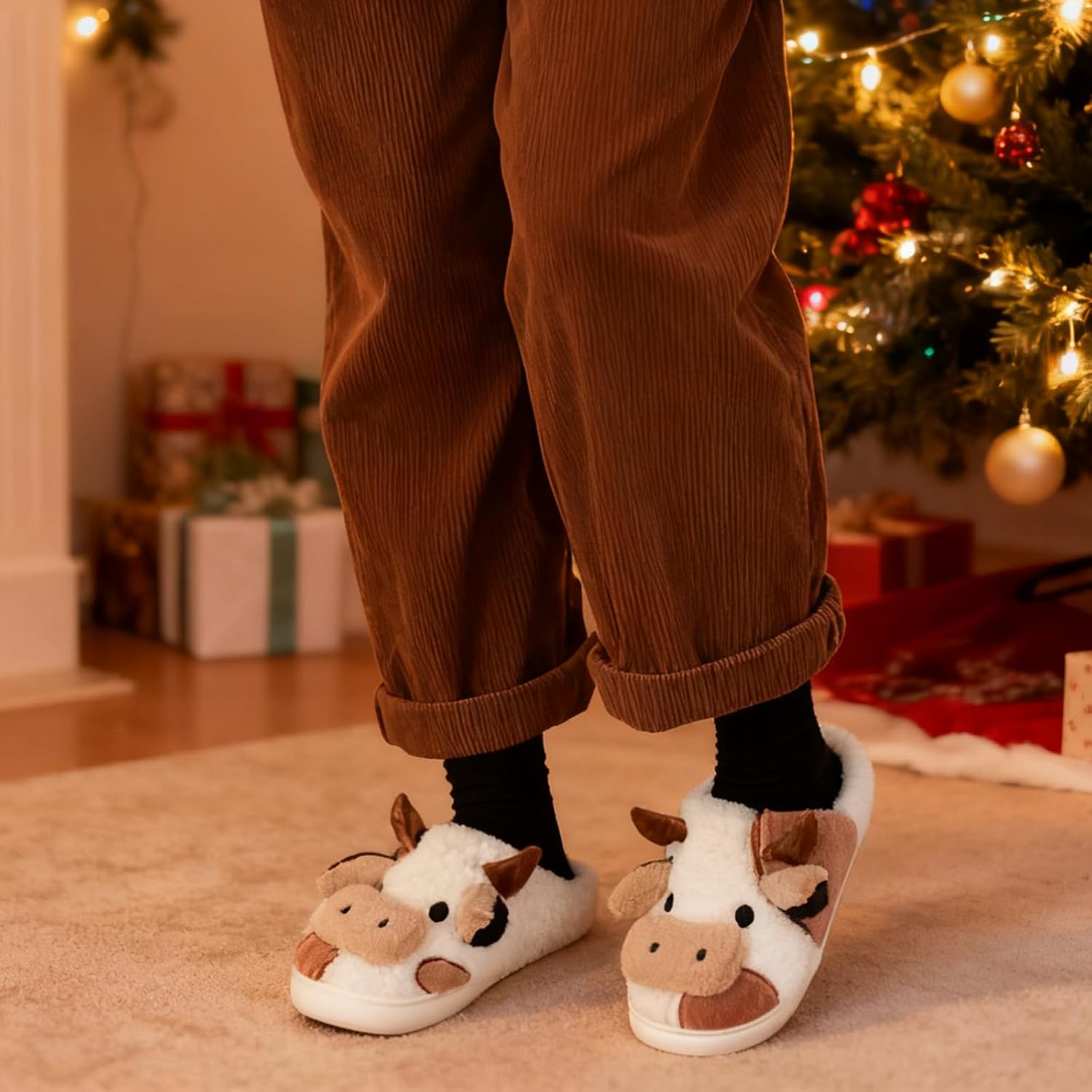 XIXITIAO Slippers For Women,Cow Slippers,Womens Fuzzy Slippers,Cute Animal Cartoon Fluffy Plush House Slippers For Women Men Indoor - Image 2