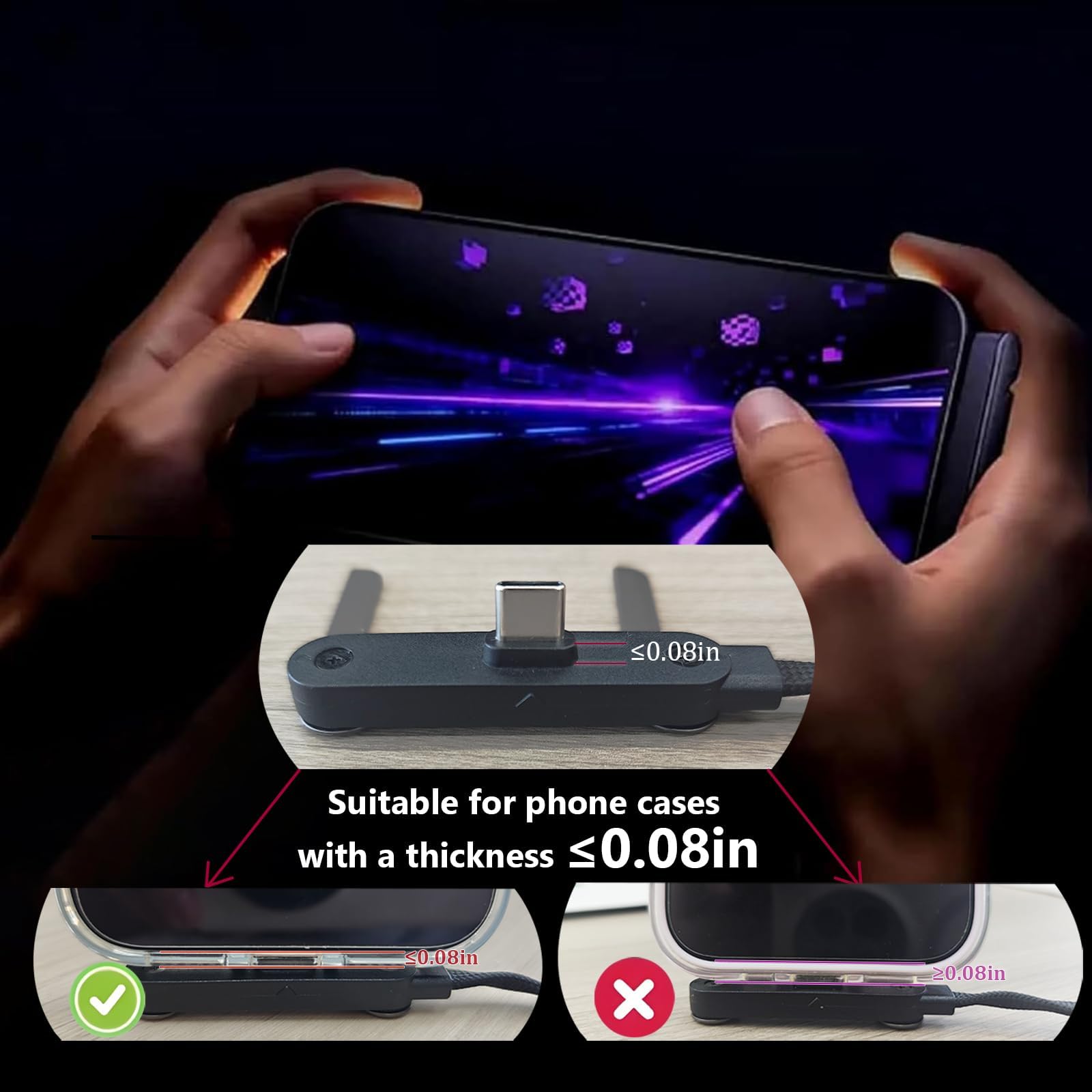 Generico cavo di ricarica con supporto invisibile 2‑in‑1 – Caricatore Telefono Laterale USB‑C, Cavo 1,5m, Ricarica Rapida, Ideale per Gioco in Modalità Orizzontale（adattatore non incluso） (65W A-C)