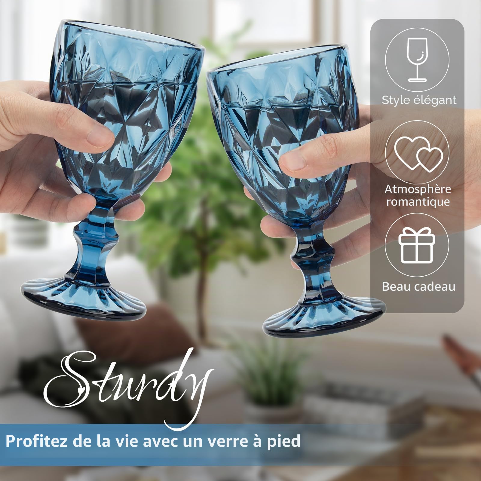 Lot de 6 verres à vin rouge vintage de 300 ml - Verres à vin en cristal - Pour mariage, cocktail, maison, restaurant, fête, Noël - Bleu clair