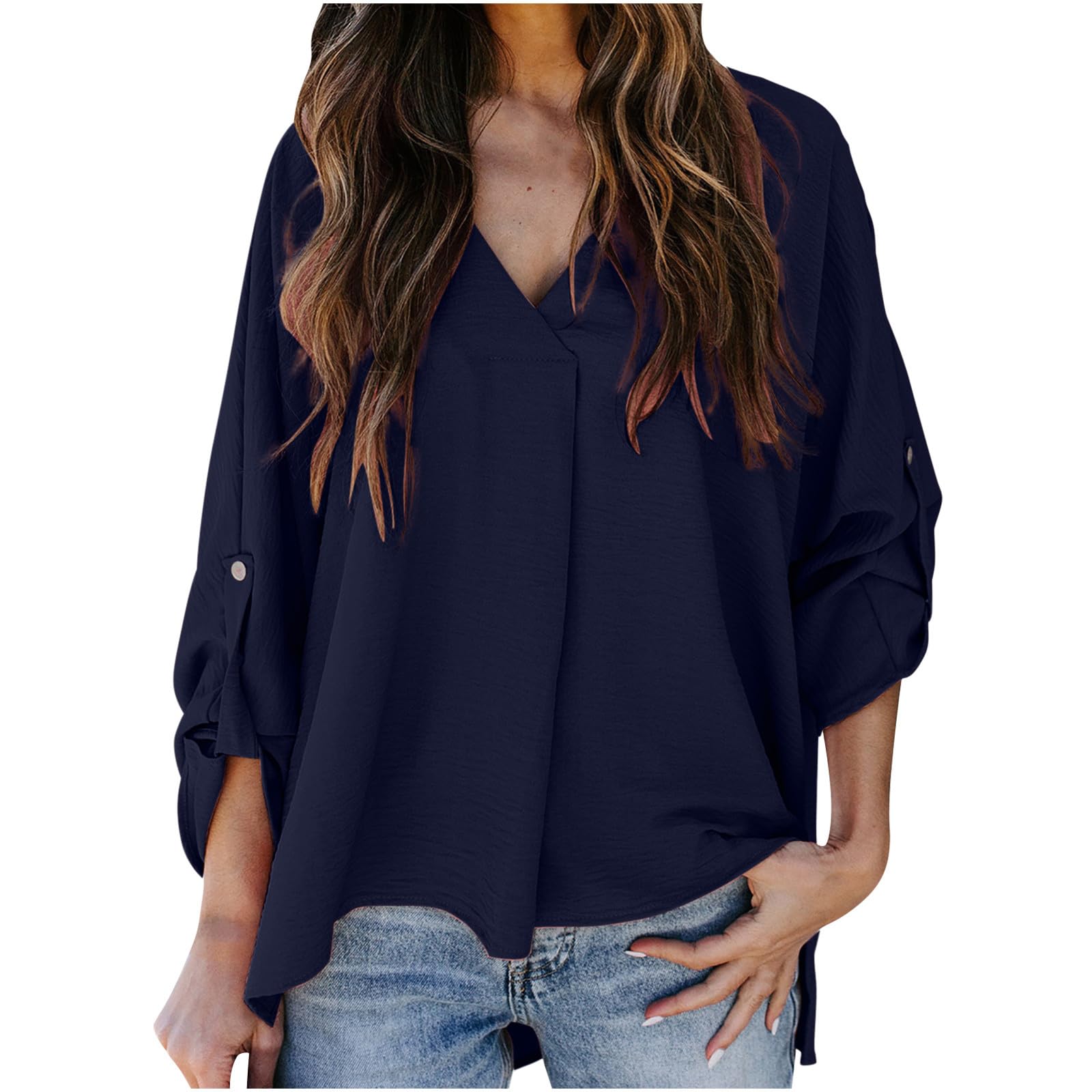 GenericWomen Long Sleeve Frill Trim V Neck Shirts Button Roll-up Sleeve Oversized Tops Solid Loose Fit High Low Hem Blouse Top