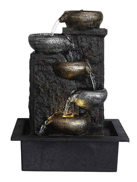 CHRONIKLE Polyresin Designer Multi Color Up to Down 5 Diya Steps Table Top Indoor Home Decor Water Fountain with Speed Controller Pump & Yellow LED Light (Size: 40 x 29.5 x 22 CM | Weight: 1865 grm)