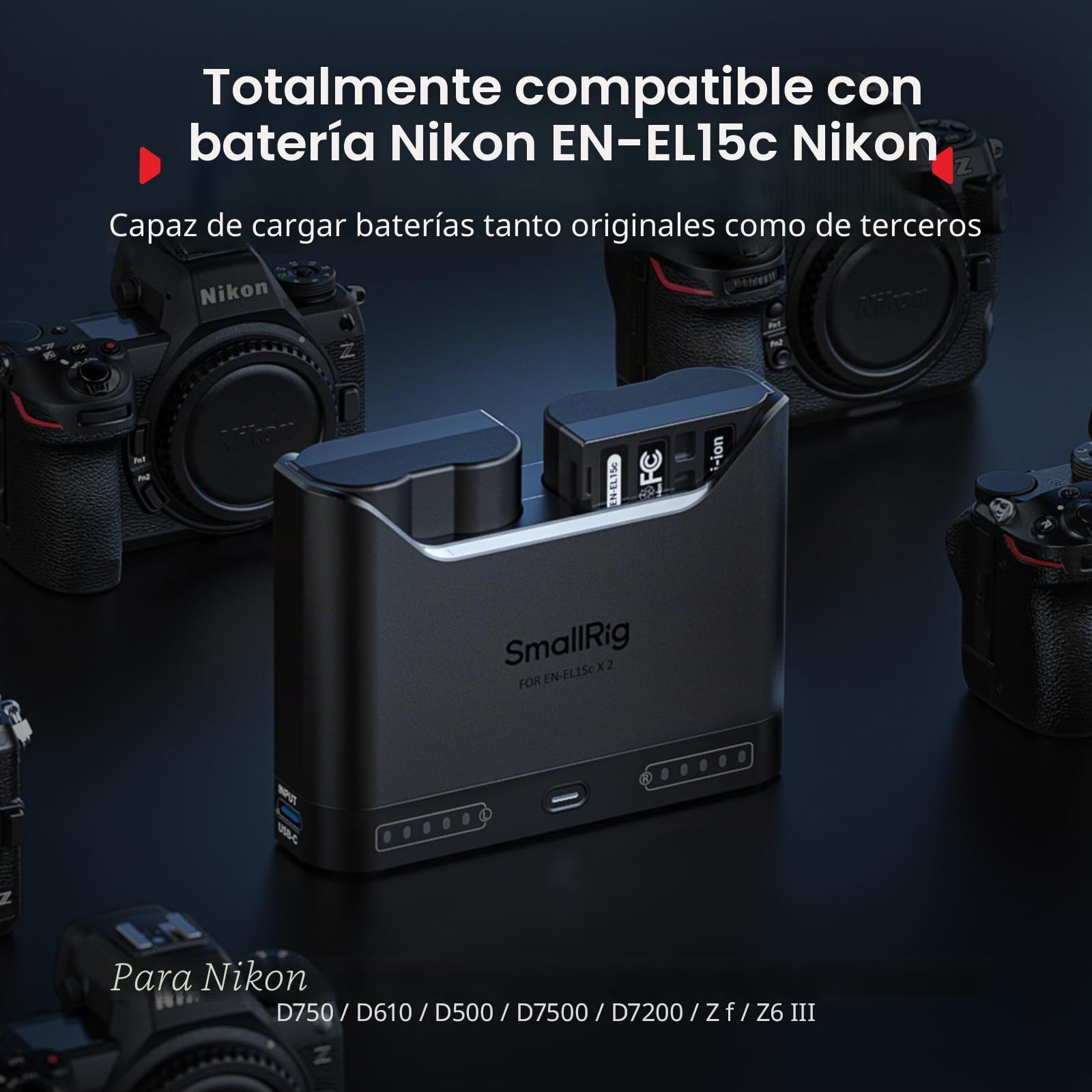 SMALLRIG Cargador Dual EN-EL15c para Nikon, Carga Rápida 2h con USB-C 22.5W, Compatible con Nikon ZR/Z6III/Zf/Z8/Z7II/Z7/Z6II/Z6/D850/D810/D780/D750/D500-5491