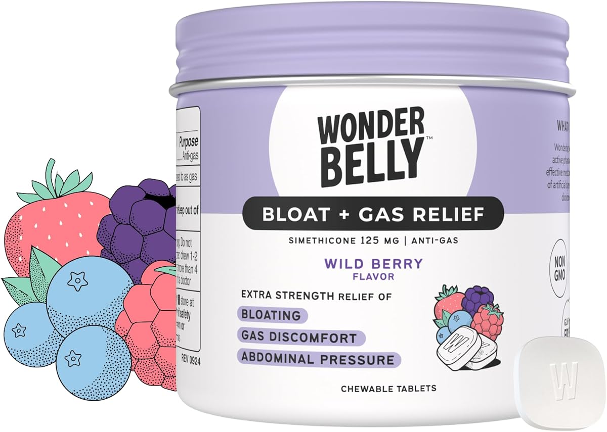 Wonderbelly Bloat Gas Relief Extra Strength Chewable Tablets with 125 mg Simethicone No Talc or Dye Wild Berry 35 Count