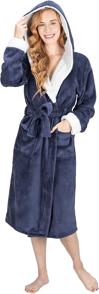 MONHOUSE Womens Dressing Gown - Premium Super Soft & Cosy Long Bathrobe - Ladies Thick Flannel Luxury Housecoat - Shearling Spa Robe for Her - Warm Fluffy Sherpa Bathrobe with Hood, Pockets & Tie
