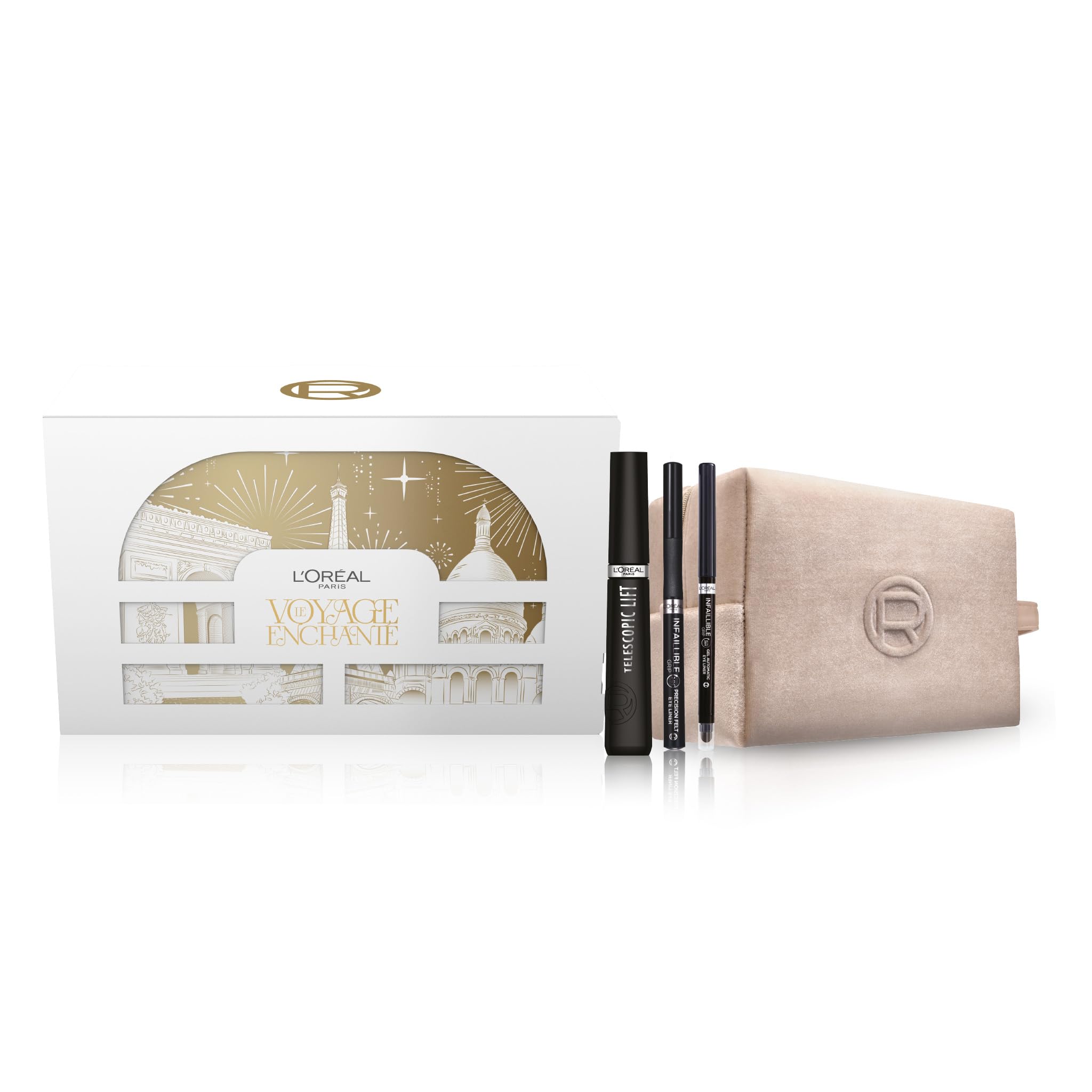 L'Oréal Paris Beauty Regalo Make Up con Mascara Telescopic Classico Nero, Eyeliner Infaillible Precision Felt Black e Matita Occhi Infaillible Grip Liner Black, Con Beauty Champagne in Velluto