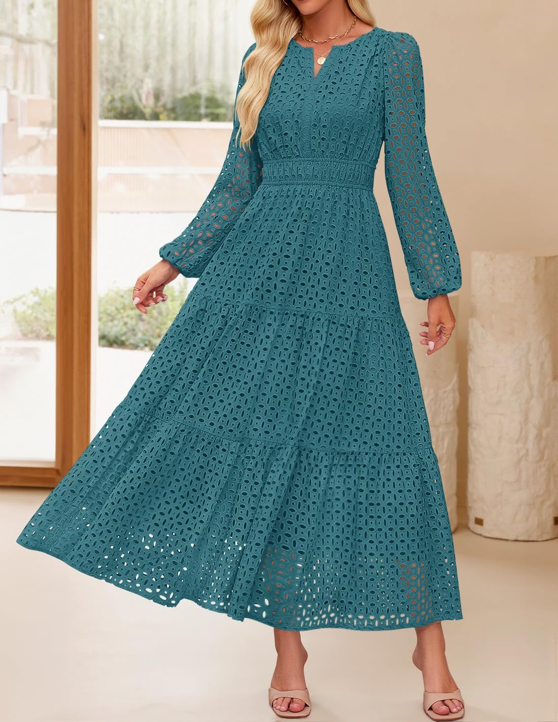 ZESICA Women's 2026 Spring Long Sleeve Maxi Dress V Neck Hollow Out Eyelet A Line Long Flowy Casual Party Dresses - Image 9
