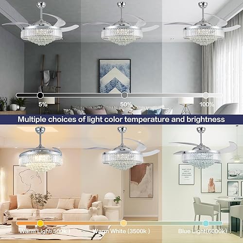 Miniatura 5 de DuMaiWay Ventilador de techo regulable de 52 pulgadas con luces, candelabro, ventilador de techo retráctil de cristal con control remoto, luz LED