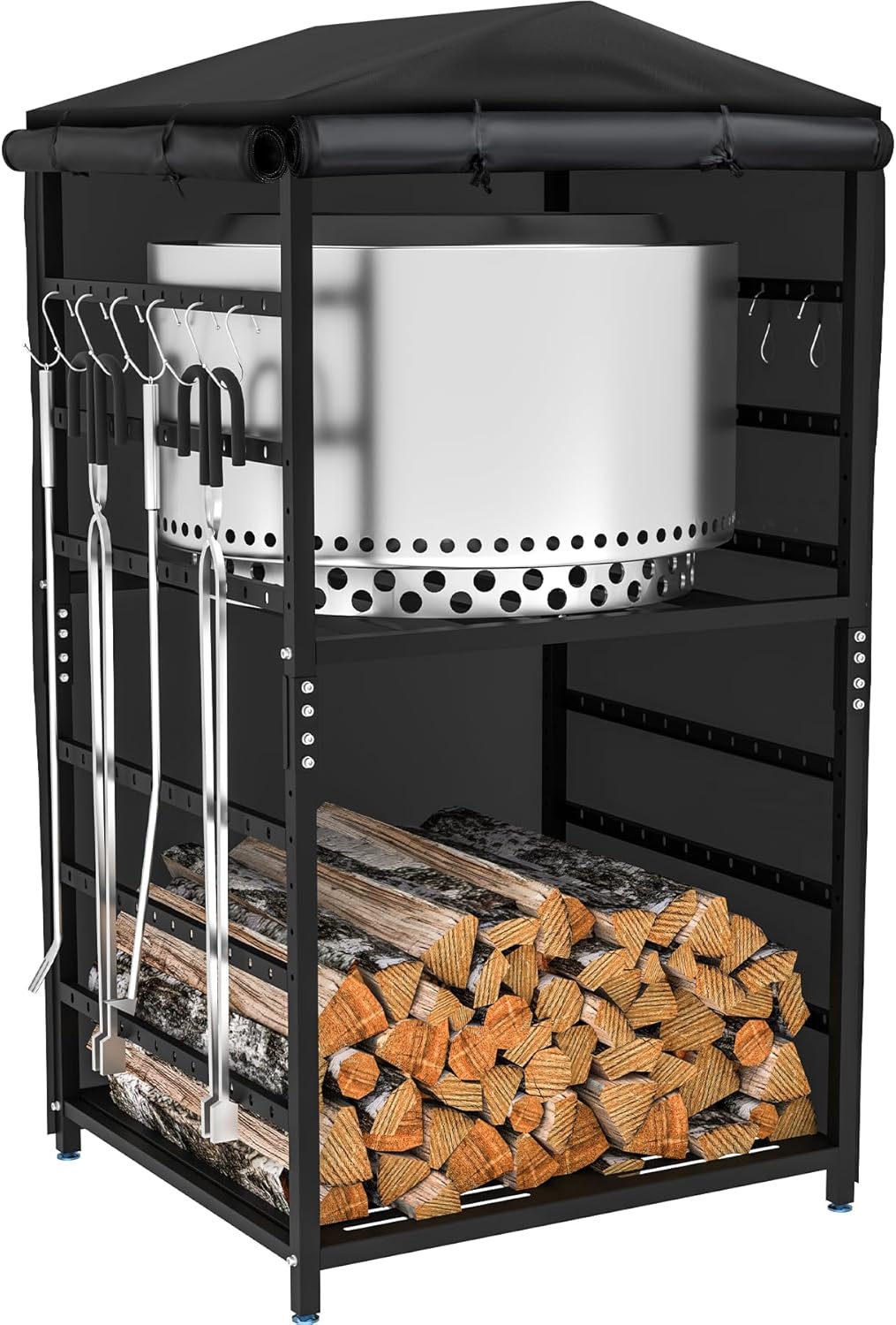 Storage Station for Solo Stove Ranger, Bonfire, Yukon, 57 inch Firewood Rack Outdoor with Cover, Adjustable Shelf, Firewood Rack for Fire Pit Accessories and Logs