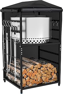 Storage Station for Solo Stove Ranger, Bonfire, Yukon, 57 inch Firewood Rack Outdoor with Cover, Adjustable Shelf, Firewood Rack for Fire Pit Accessories and Logs