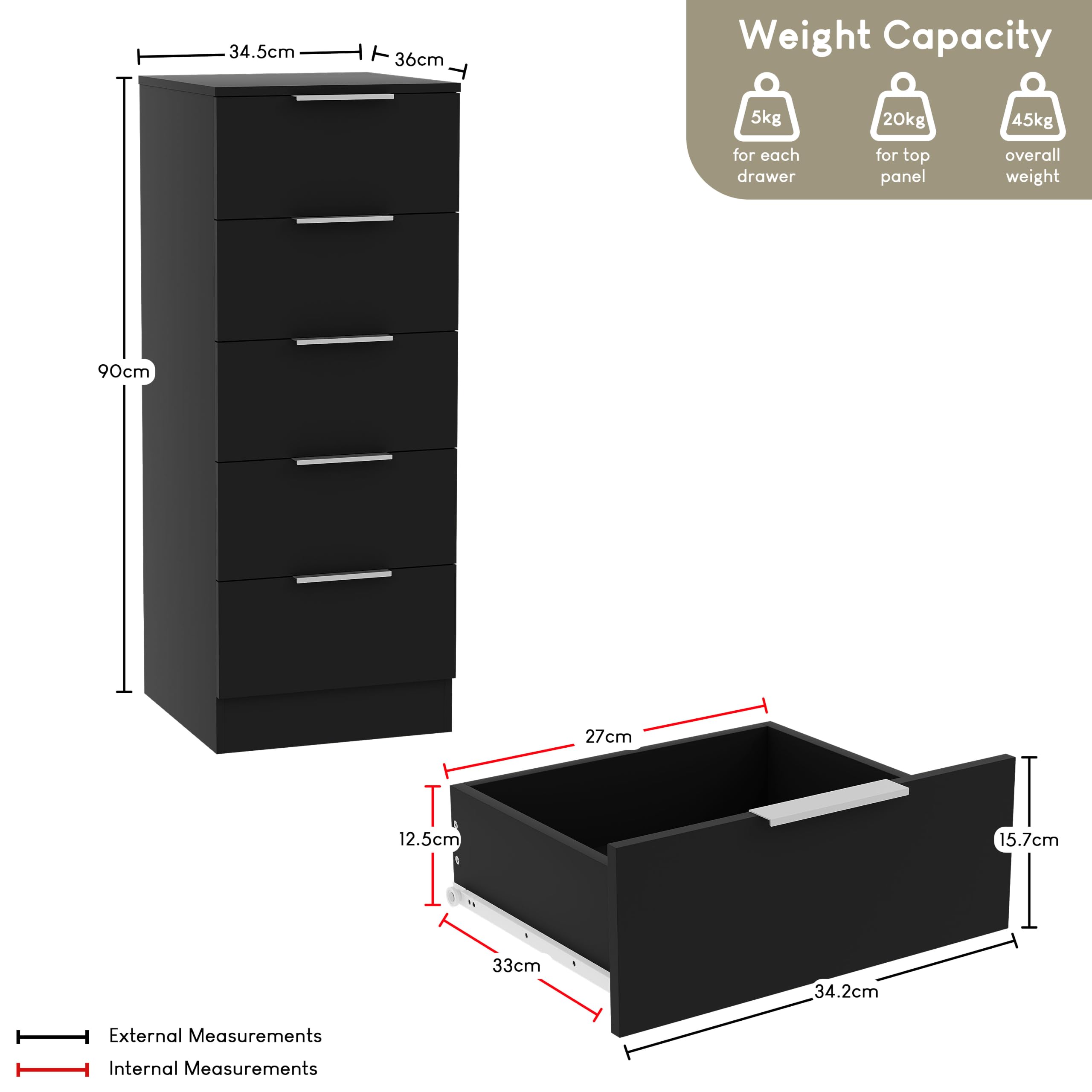 Vida Designs Trega Kommode mit 5 Schubladen | Schwarz | 90 H x 34,5 B x 36 T cm | Schmal | Platzsparende Stauraumeinheit | Schubladenstütze gegen Durchbiegen | Leichtgängige Schubladenführungen