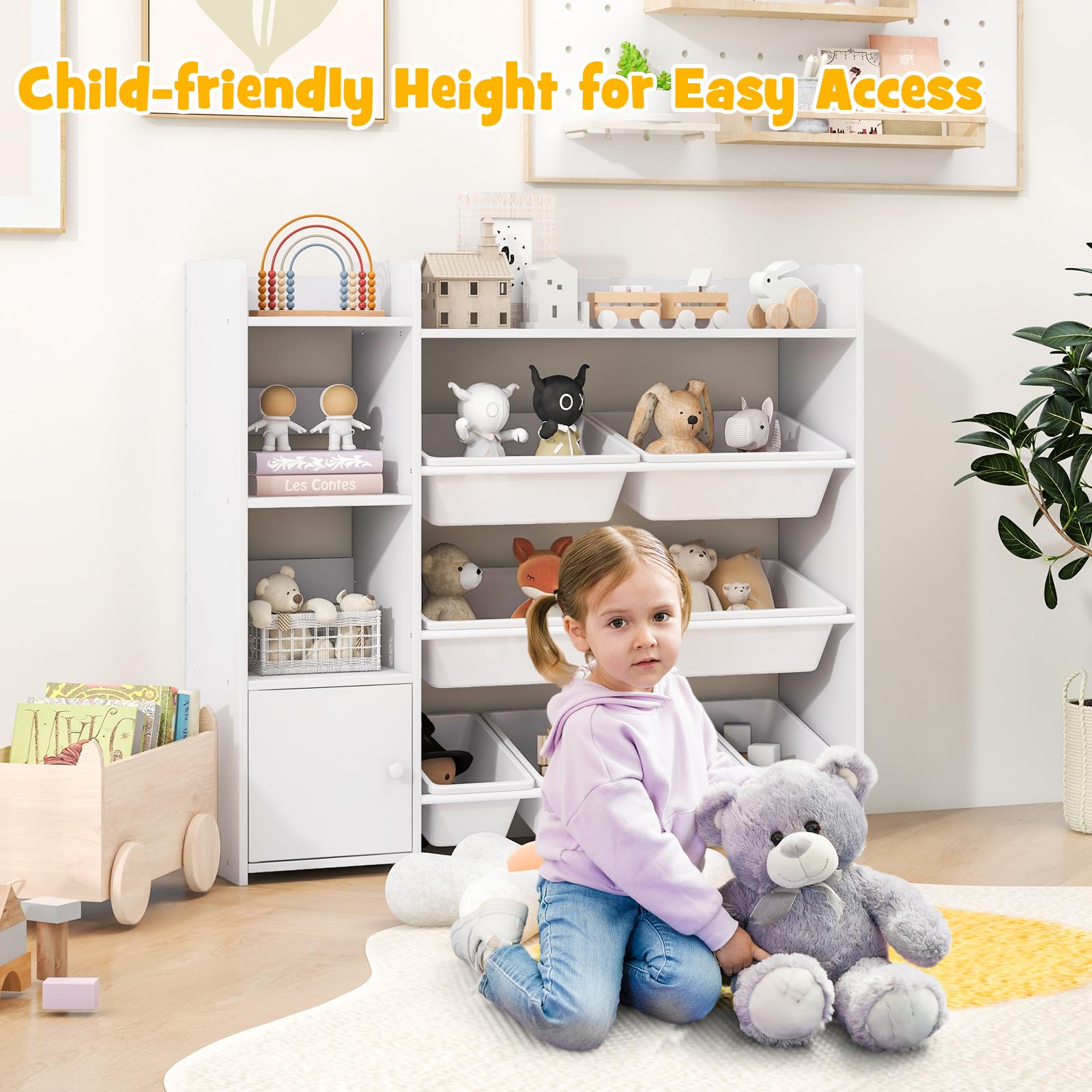 Costzon Organizer per giocattoli, libreria a 4 ripiani per bambini e giocattoli con 8 contenitori per giocattoli, grande armadio con porta, libreria multiuso per bambini per stanza dei giochi, asilo