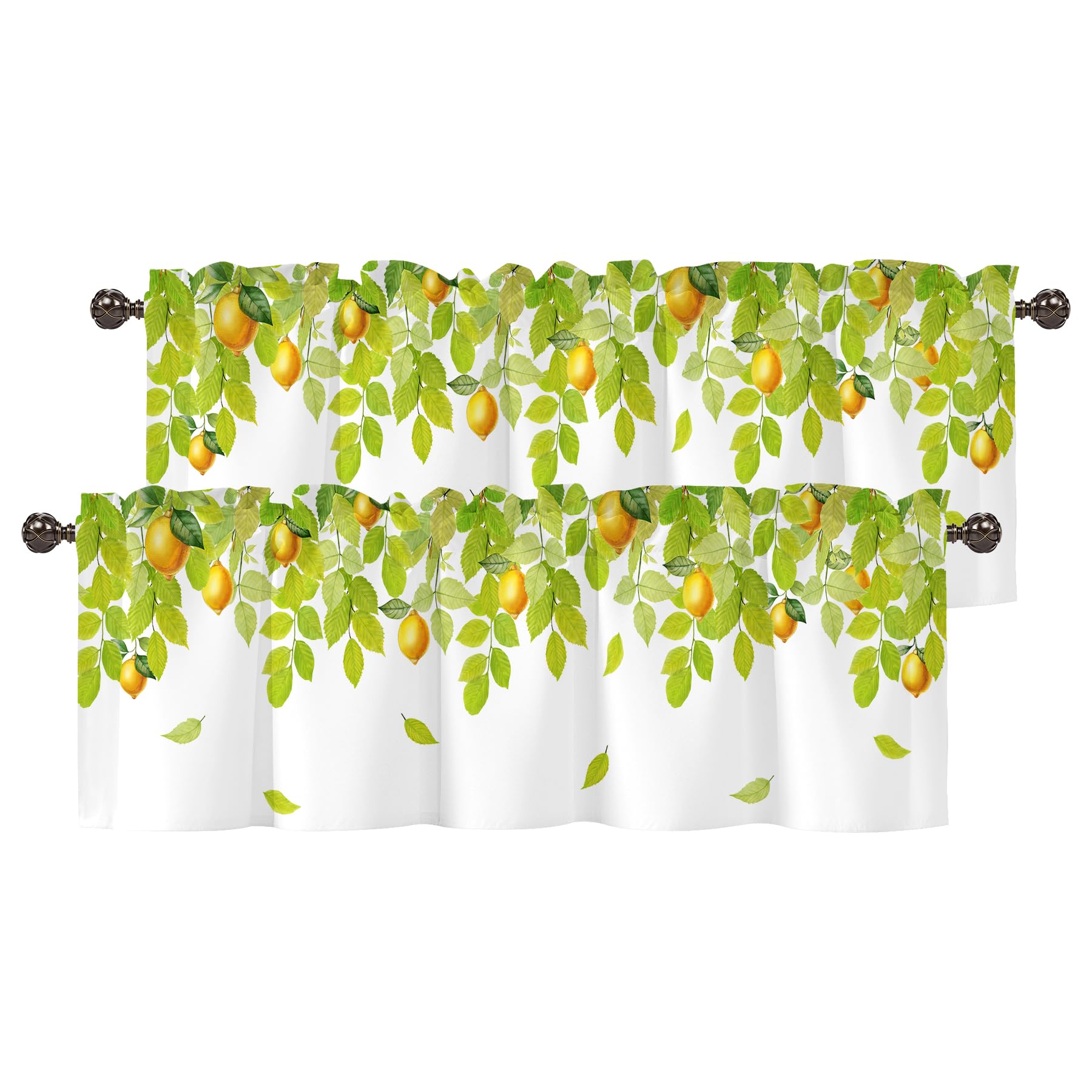 Green Leaves Lemon Valances for Windows, Rod Pocket Sheer Curtain 42x12 in