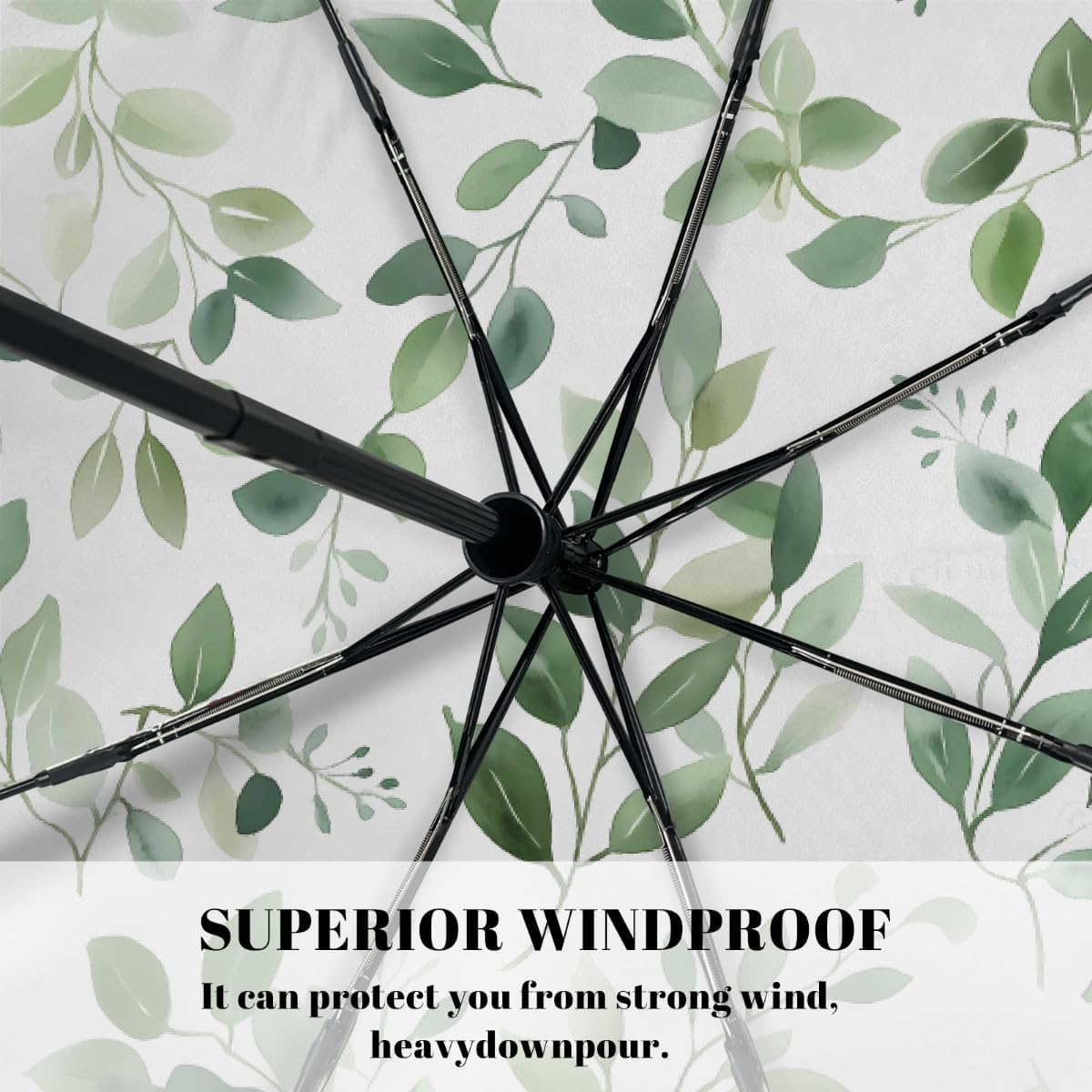 Watercolor Green Leaf Pattern Folding Umbrella Windproof Compact Lightweight Travel Umbrella with 8 Reinforced Ribs, Portable UV Sun & Rain Protection for Men & Women