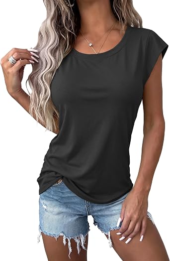 APOFER Womens Casual Cap Sleeve T Shirts Summer Crew Neck Side Slit Tee Shirt Basic Knit Loose Fit Tops
