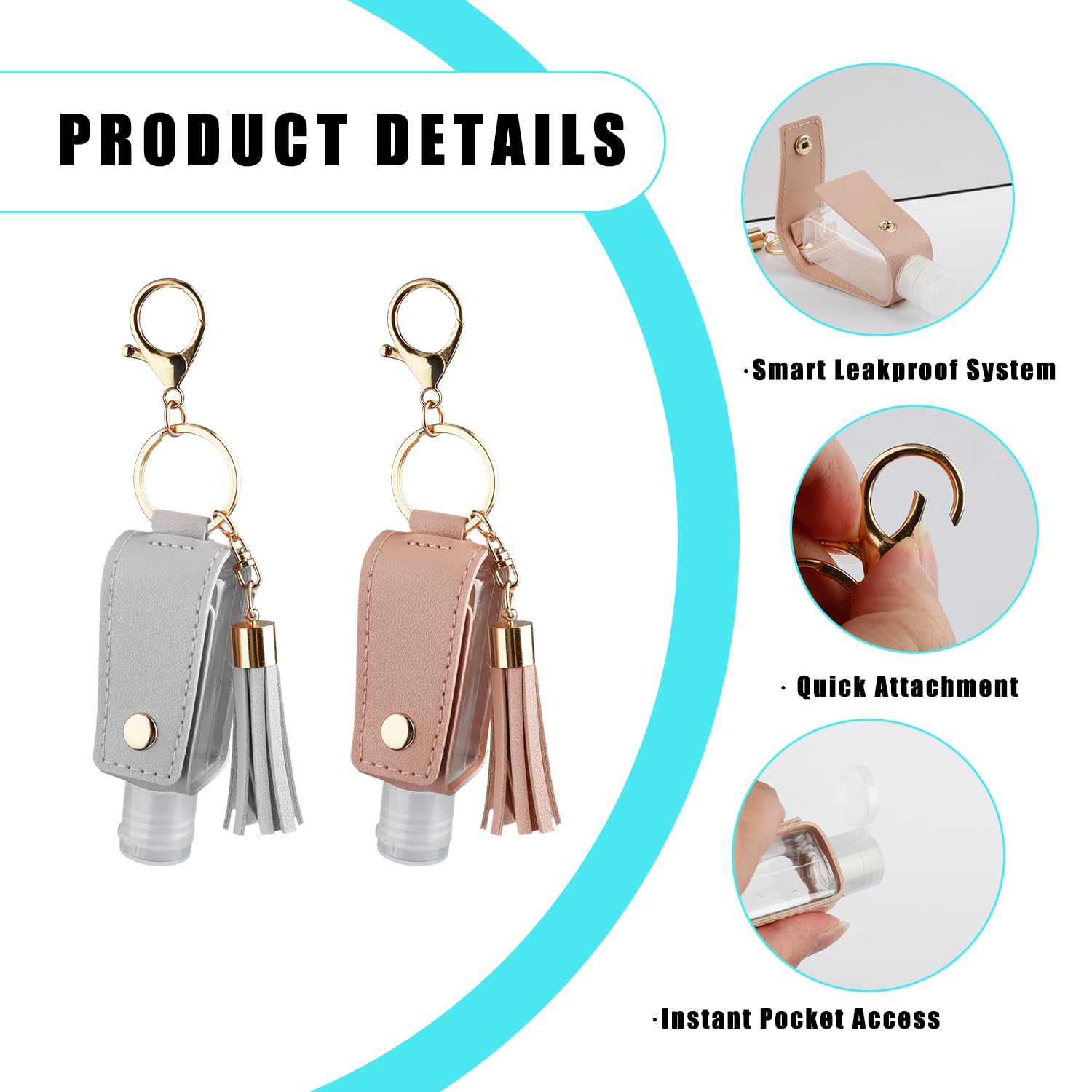 Bojueshaw 2Pack Refillable Travel Bottles Keychain,Leakproof Plastic Bottles with PU Leather Cover,Portable Hand Sanitizer Holders for Travel,Gym,Office - Image 3