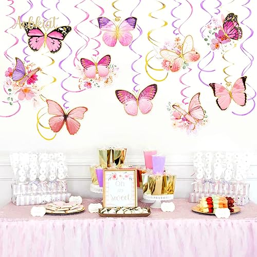 Miniatura 5 de AOBKIAT Decoraciones de cumpleaños de mariposa para bebé, 30 piezas de remolinos colgantes con purpurina real para baby shower, boda, decoración de