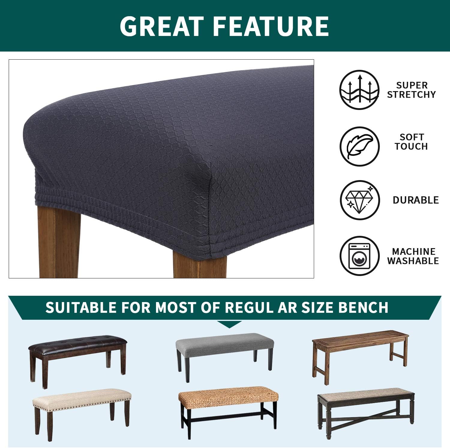 smiry Jacquard Dining Room Bench Covers, Stretch Spandex upholstered Bench Slipcover, Removable Washable Bench Protectors(15.7'' x 43.3'', Dark Grey)