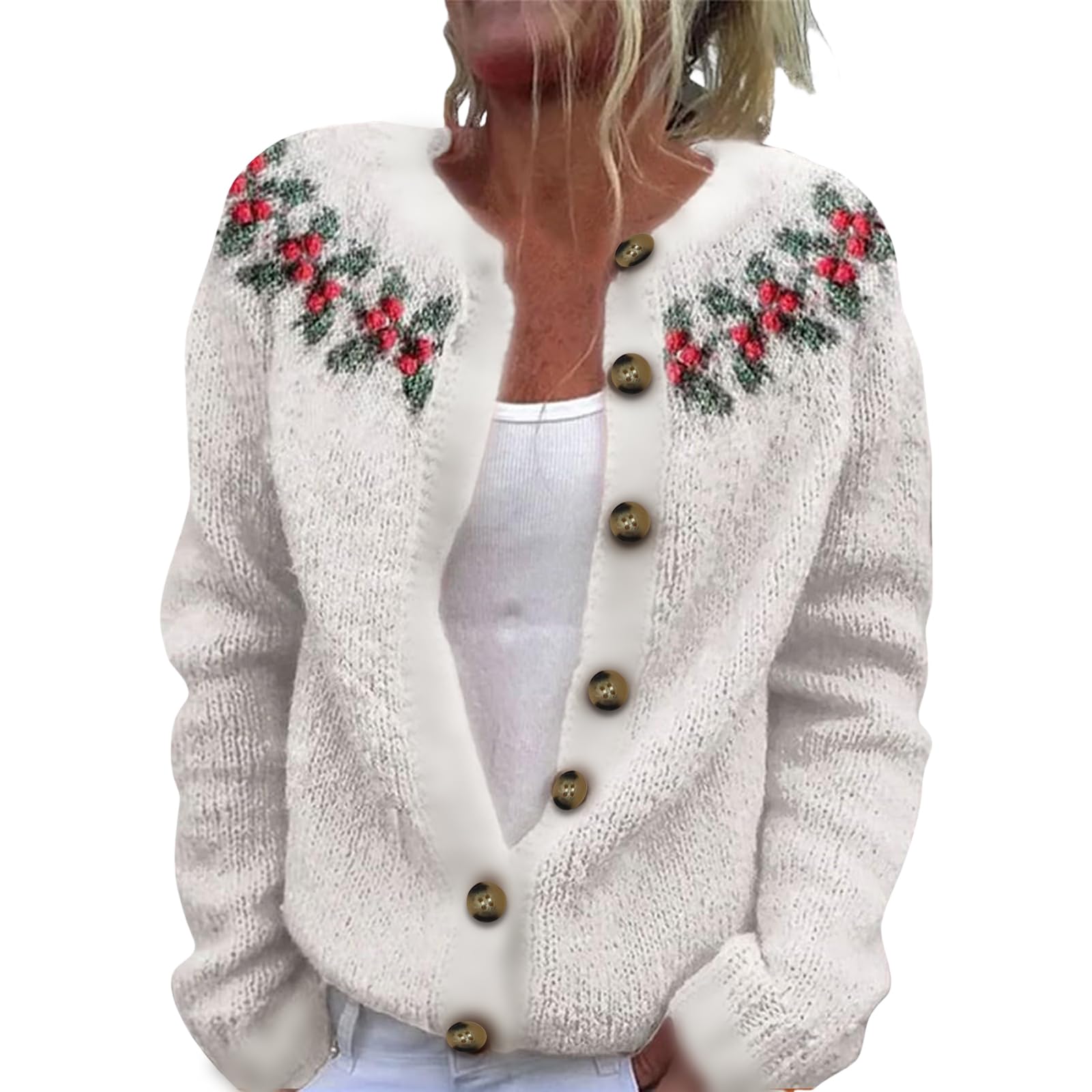 Christmas Sweaters Cardigans for Women Button Up Cute Knit Sweater Funny Xmas Tree Print Button Cardigan Outerwear