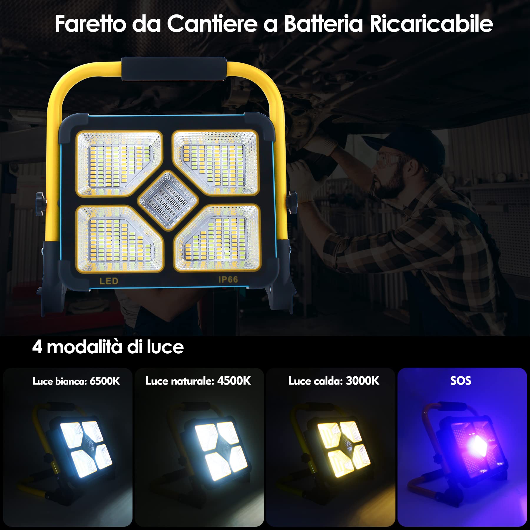 Faro LED Ricaricabile,Faretto da Cantiere a Batteria Ricaricabile,Batteria Integrata da 10500 mAh, 4 Modalità di Illuminazione,Ideale per l'illuminazione di Emergenza, La Manutenzione