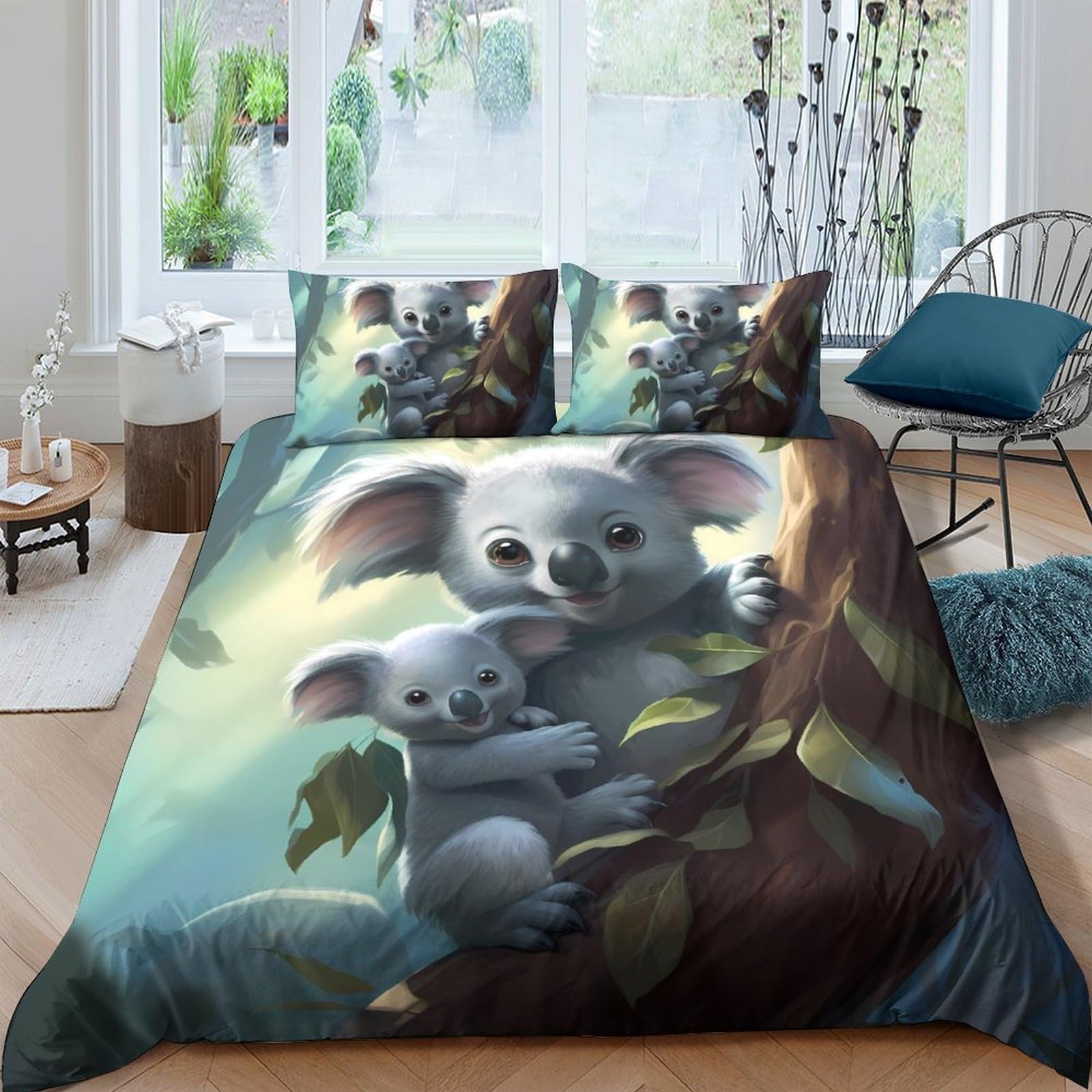 Ctjqhvkz Style-2 3D Printed Koala Family Fitted Sheet Microfiber Soft Blue Green Forest Bed Cover For Bedroom Guest Room Decor Single（135X200cm）