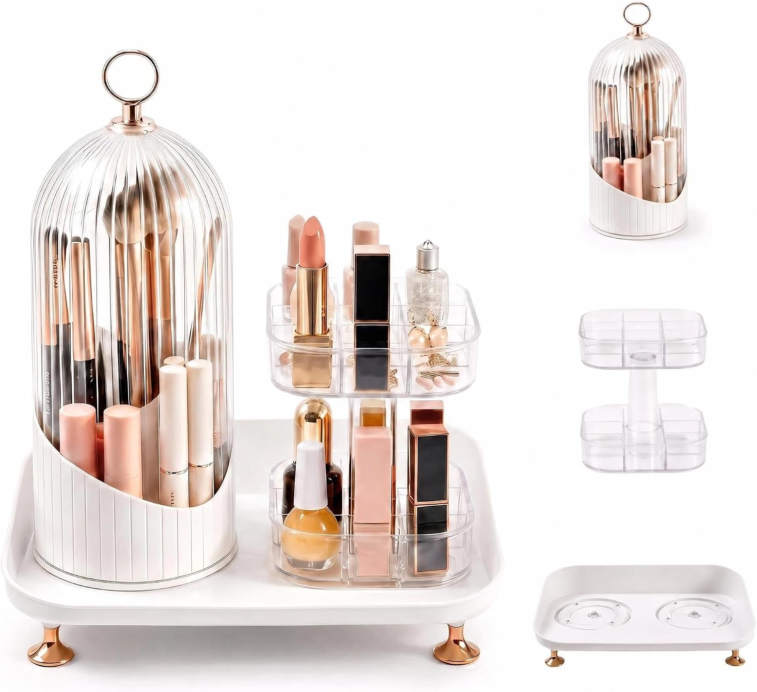 3 in 1 Makeup Brush Holder with Lid for Vanity/Bathroom, Travel Acrylic Makeup Brush Organizer with Cover, 360 Rotating With 2 White Storage Trays and Bottom Vanity Tray, Waterproof, Dustproof