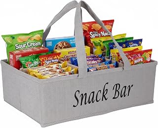 Snack Organizer for Countertop, Fabric Snack Organizer with Handle, 6 Compartment Snack Tray Snack Basket Container, Foldable Picnic Basket, Kitchen Pantry Organizer and Storage-Khaki Stripe