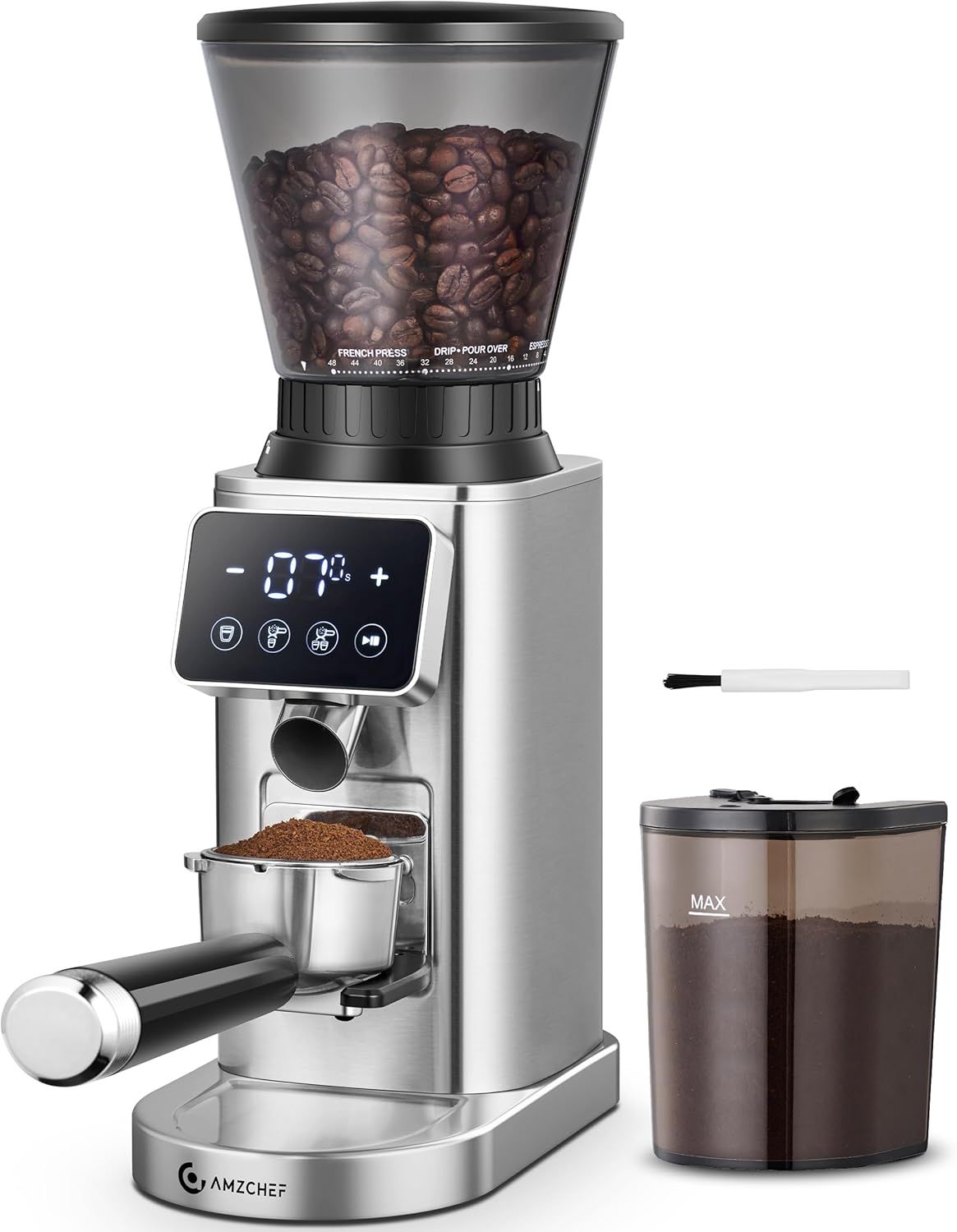 AMZCHEF Coffee Grinder, Coffee Bean Grinder for Home Use with Precise Grinding, LED Control Panel, Detachable Funnel Stand, Anti-static Design, 48 Grind Settings, silver