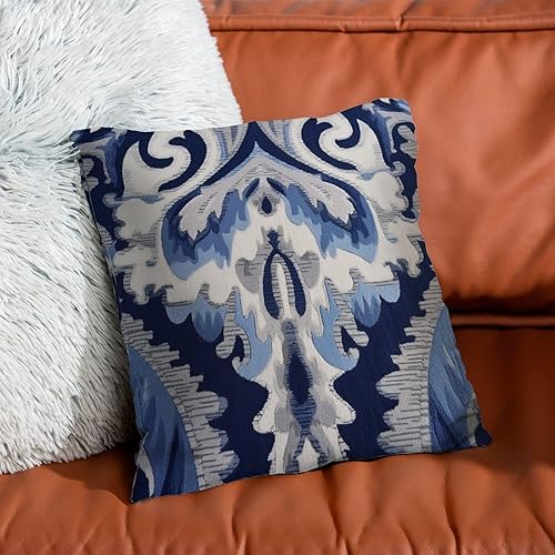 Miniatura 7 de COVOME Fundas de almohada de medallón azul y gris Ikat para exteriores, color azul marino y blanco, fundas de cojín impermeables para patio, tienda