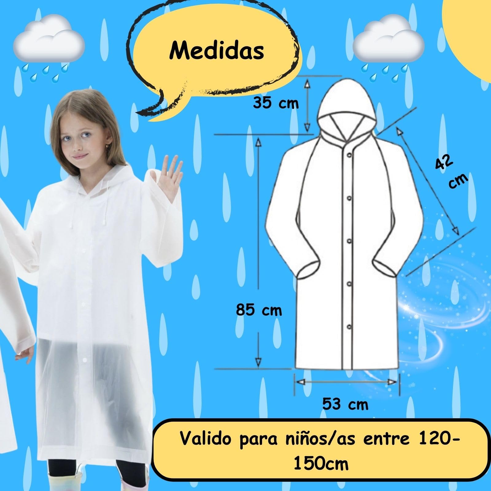 Chubasquero Niño. Chubasquero Niña Impermeable. Altura niño o niña entre 120-150 cm. (FR/ES, Edad, 5 años, 10 años, Regular, Blanco)