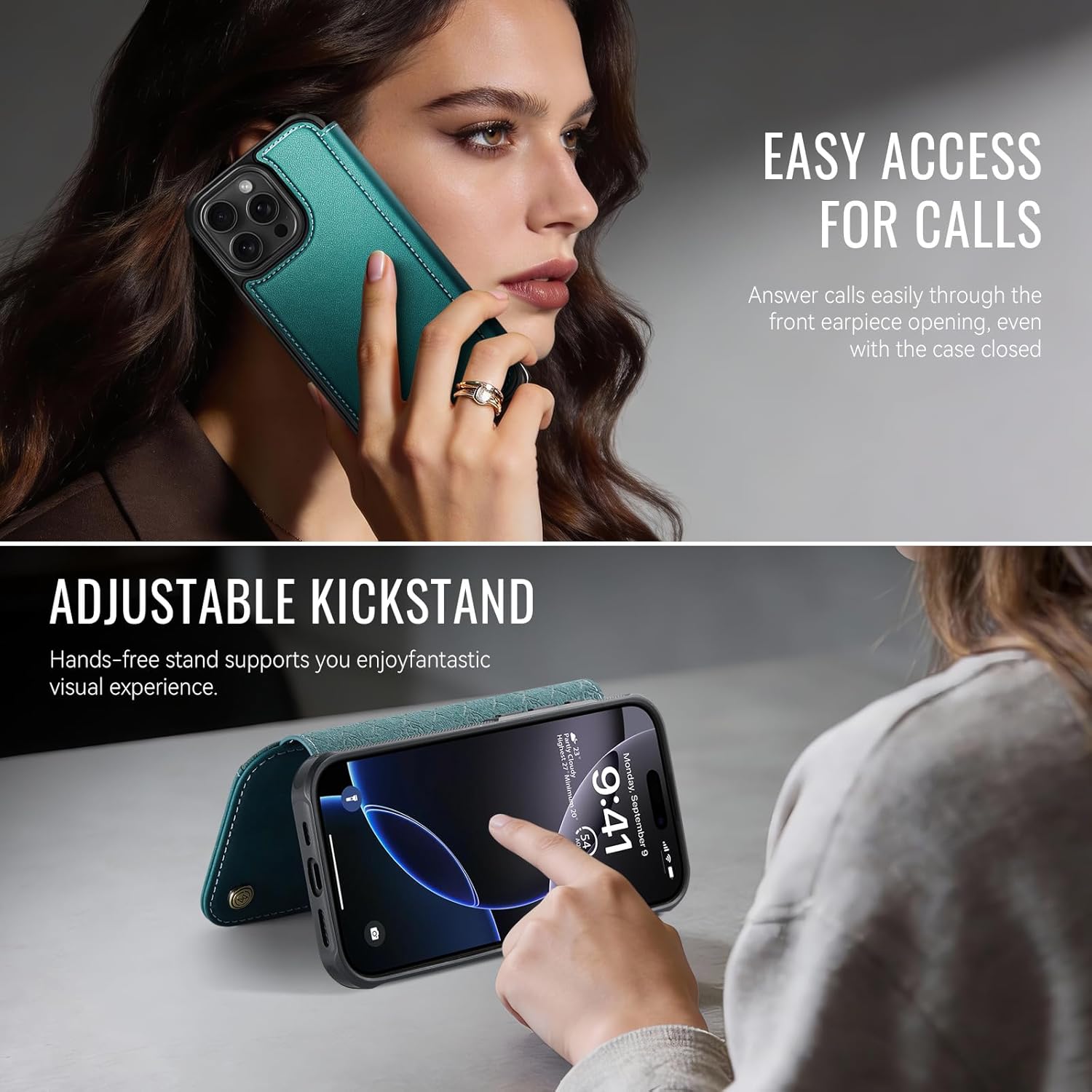 for iPhone 16 Pro Max Case Wallet Compatible with Magsafe, Slim PU Leather Flip RFID Blocking Card Holder Stand Shockproof Magnetic Wallet Phone Cover for iPhone 16 Pro Max, Blue Green
