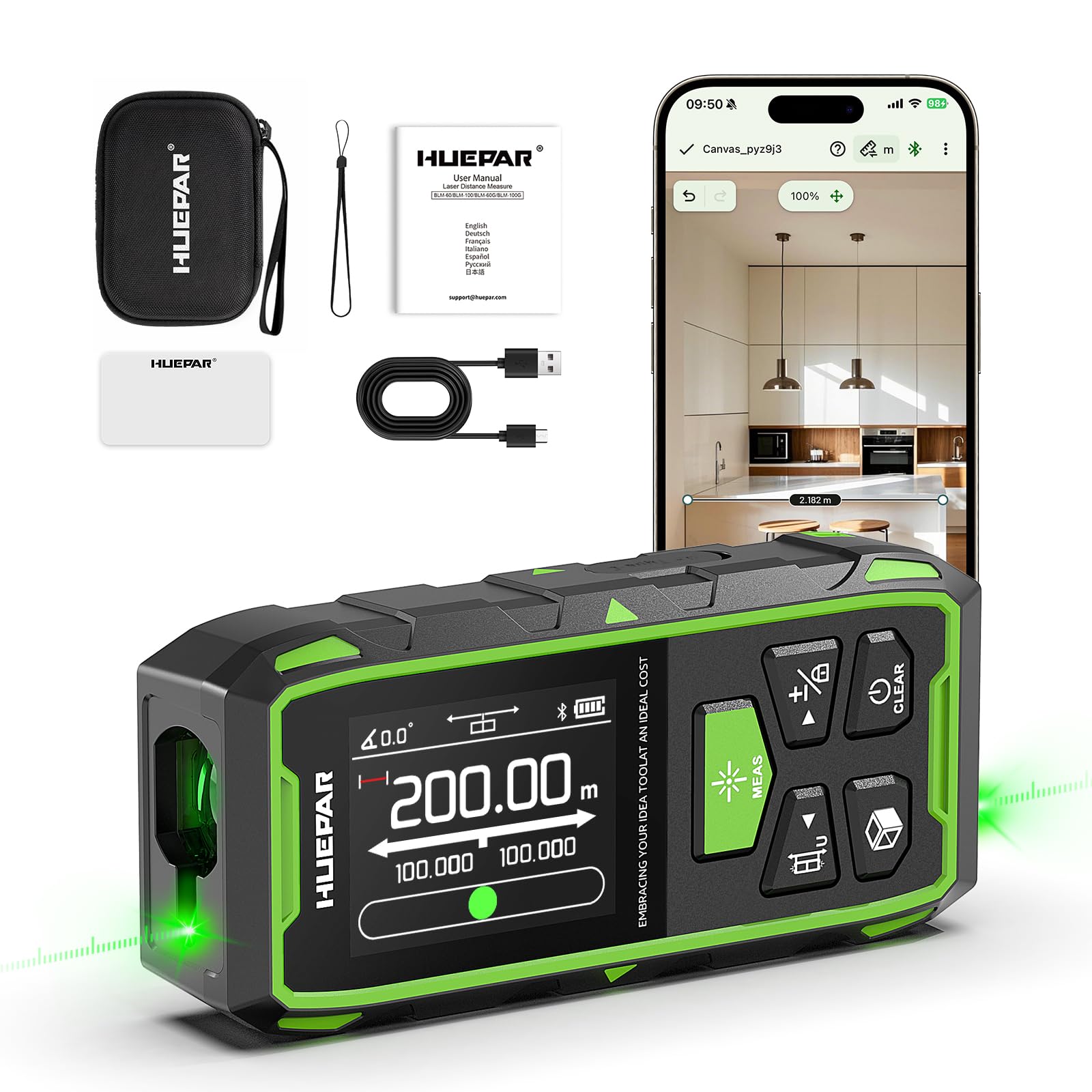 Dual Laser Entfernungsmesser Mit Bluetooth, Huepar 200M Grün Laser Messgerät Entfernungsmesser mit Laser, hintergrundbeleuchtetem LCD, Messung von Entfernung, Fläche Volumen und pythagoreischem Modus