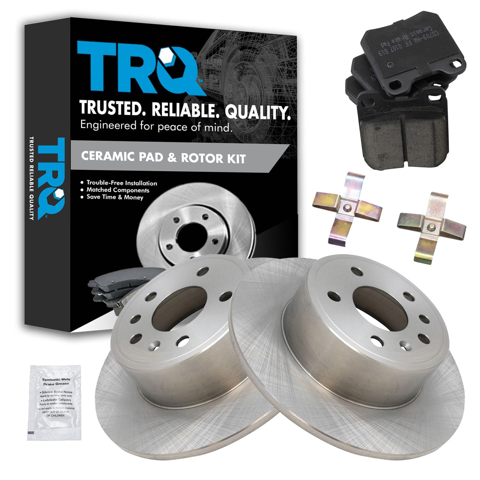 TRQ Rear Ceramic Brake Pad and Rotor Set Compatible with 97-98 Saab 900 99-02 Saab 9-3 03 Saab 9-3 SE 01-03 Saturn L200 with Rear Disc Brakes 01-05