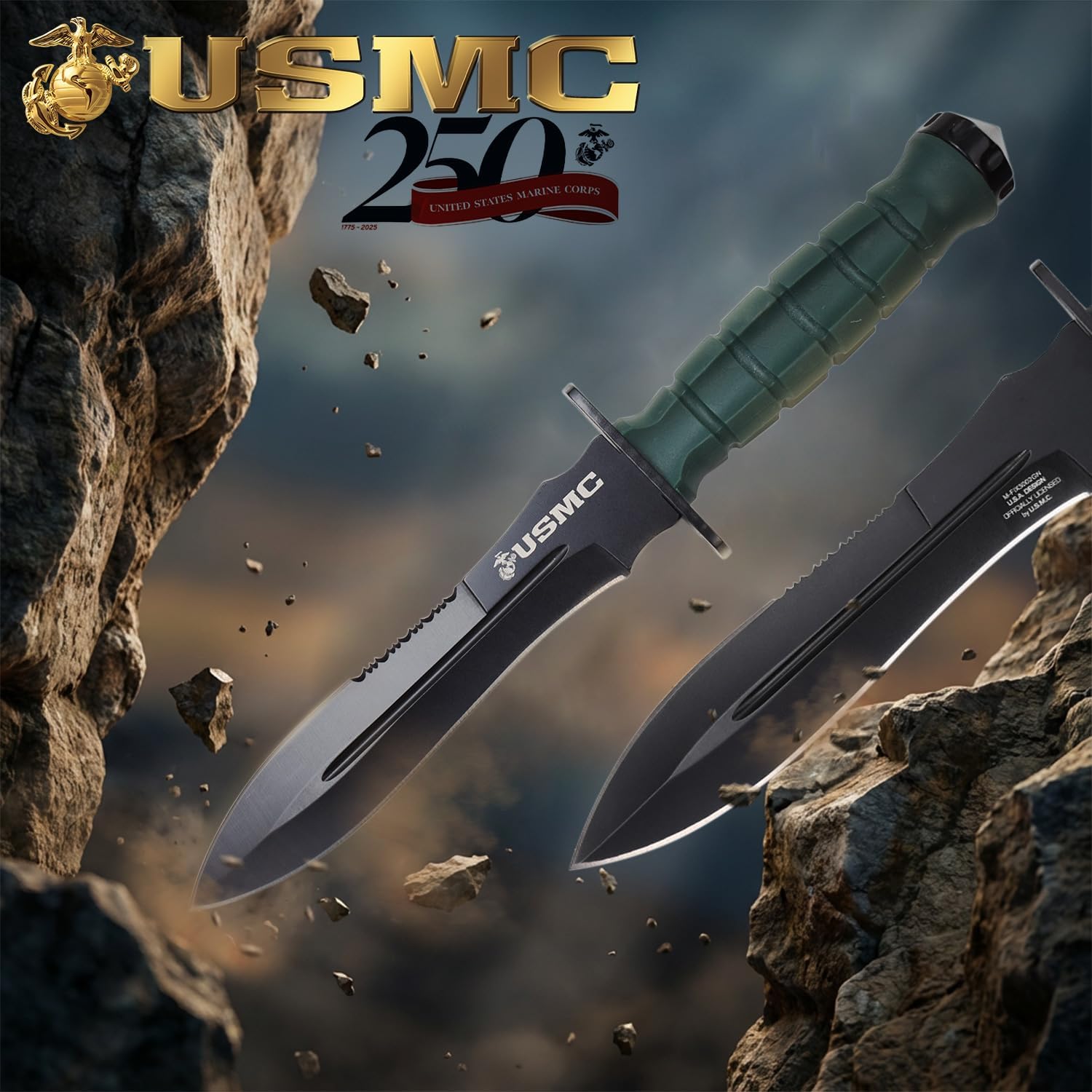 MTECH USA Officially Licensed USMC Fixed Blade Knife with Guard, 11.8 Inch Stainless Steel Blade, Textured Handle, Nylon Sheath with Lanyard, Tactical Outdoor Survival Knife (Green)