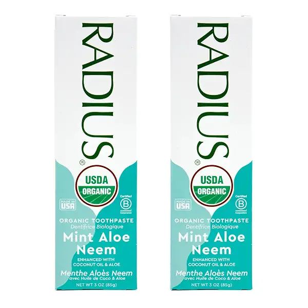 RADIUS USDA Organic Toothpaste 3oz Non Toxic Chemical-Free Gluten-Free Designed to Improve Gum Health & Prevent Cavity - Mint Aloe Neem - Pack of 2 1