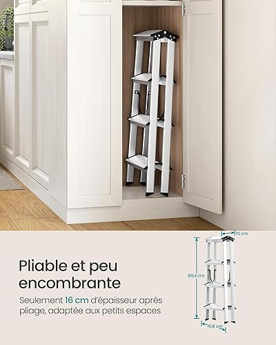 SONGMICS Ladder, 4 Step Ladder, Aluminium Ladder with 4 Non-Slip Steps, Multi-Purpose, Max. Load Capacity 150 kg, Silver Grey and Ink Black GLT014E01 - 6