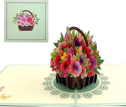 Miniatura 7 de Agoer Tarjeta de felicitación desplegable, cesta de flores, tarjeta de felicitación 3D para novia, esposa, madre, abuela, día del profesor, día de