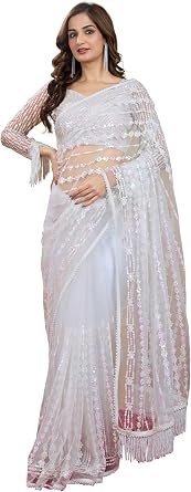 TRENDMALLS Womens Net Heavy Embroidery Sequence Work Saree with Unstitched Blouse Piece