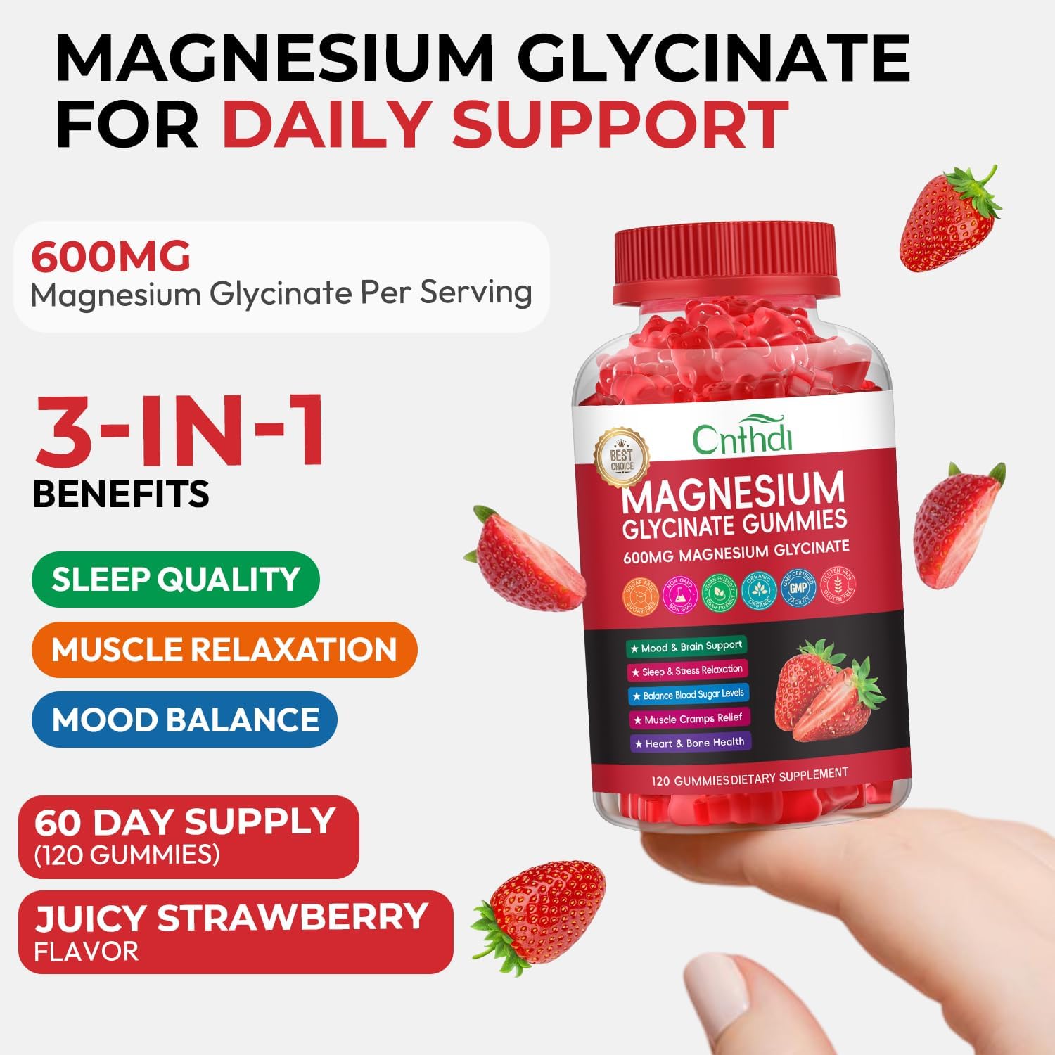 Magnesium Glycinate Gummies Sugar Free for Kids & Women, High Absorption Magnesium and Potassium, Calcium, B6, D3, Chews Gummies, Relaxation, Stress Relief, Night Rest - Image 7