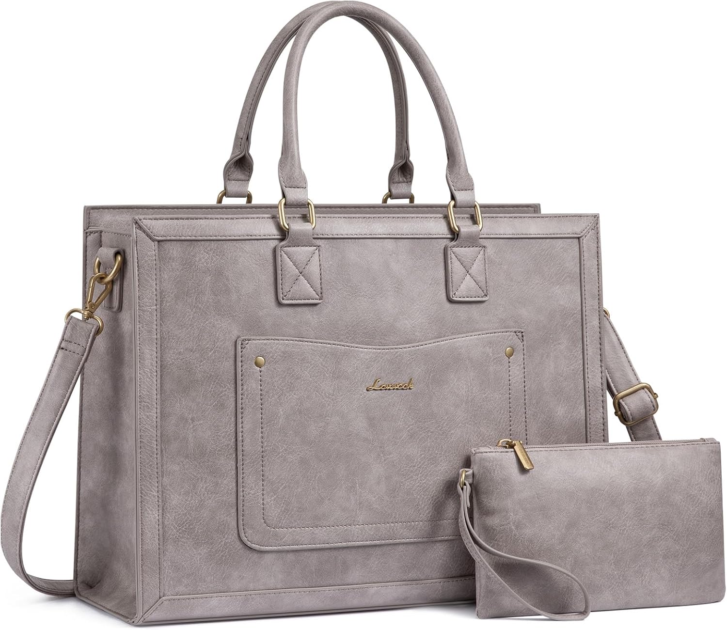 LOVEVOOK Laptop Tote Bag for Women, 15.6 Inch Work Bags, Vintage Leather Tote Bag, Waterproof Computer Bags with Clutch Purse, Large Capacity Messenger Bag for Teacher College Business Office